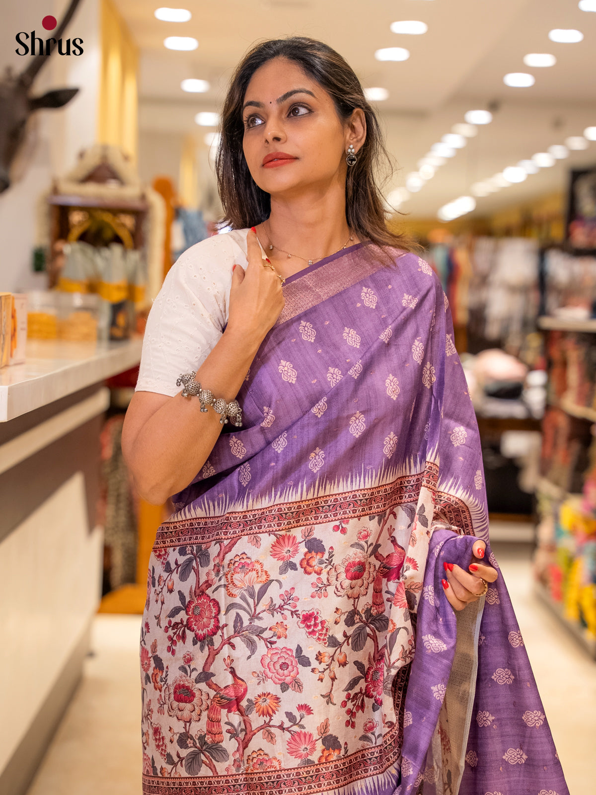 Purple & Cream - Semi Dola silk Saree
