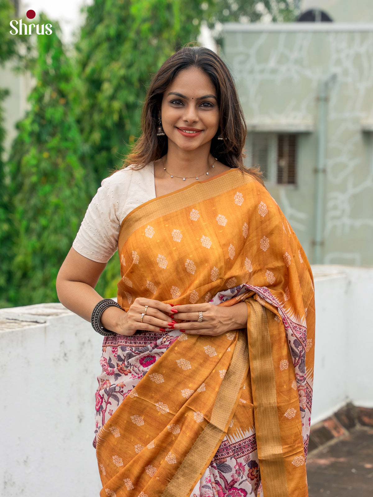 Mustard & Cream- Semi Dola silk Saree