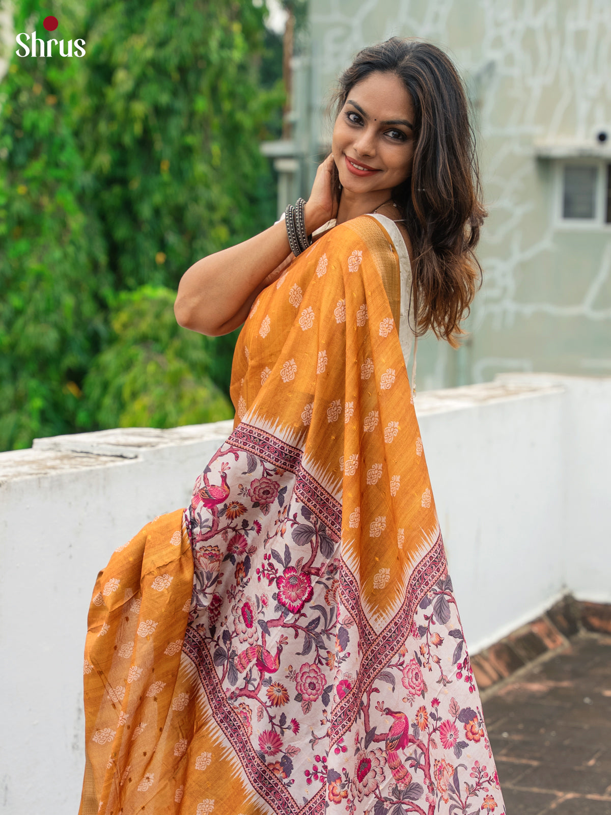 Mustard & Cream- Semi Dola silk Saree