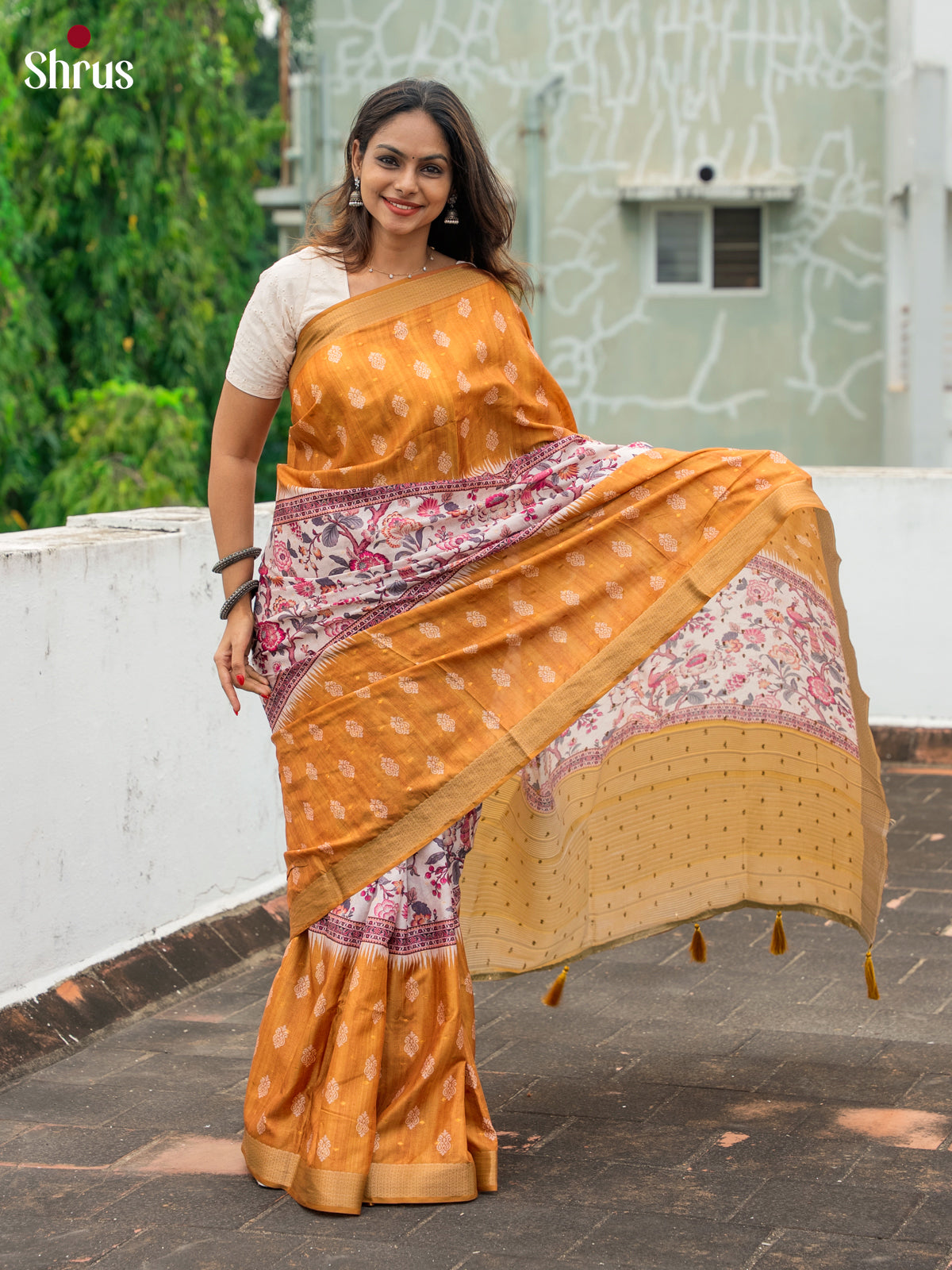 Mustard & Cream- Semi Dola silk Saree