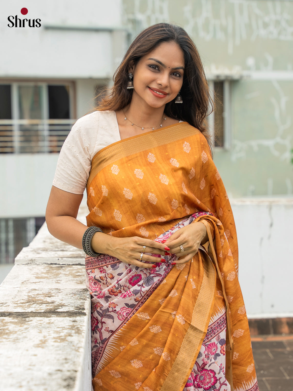 Mustard & Cream- Semi Dola silk Saree
