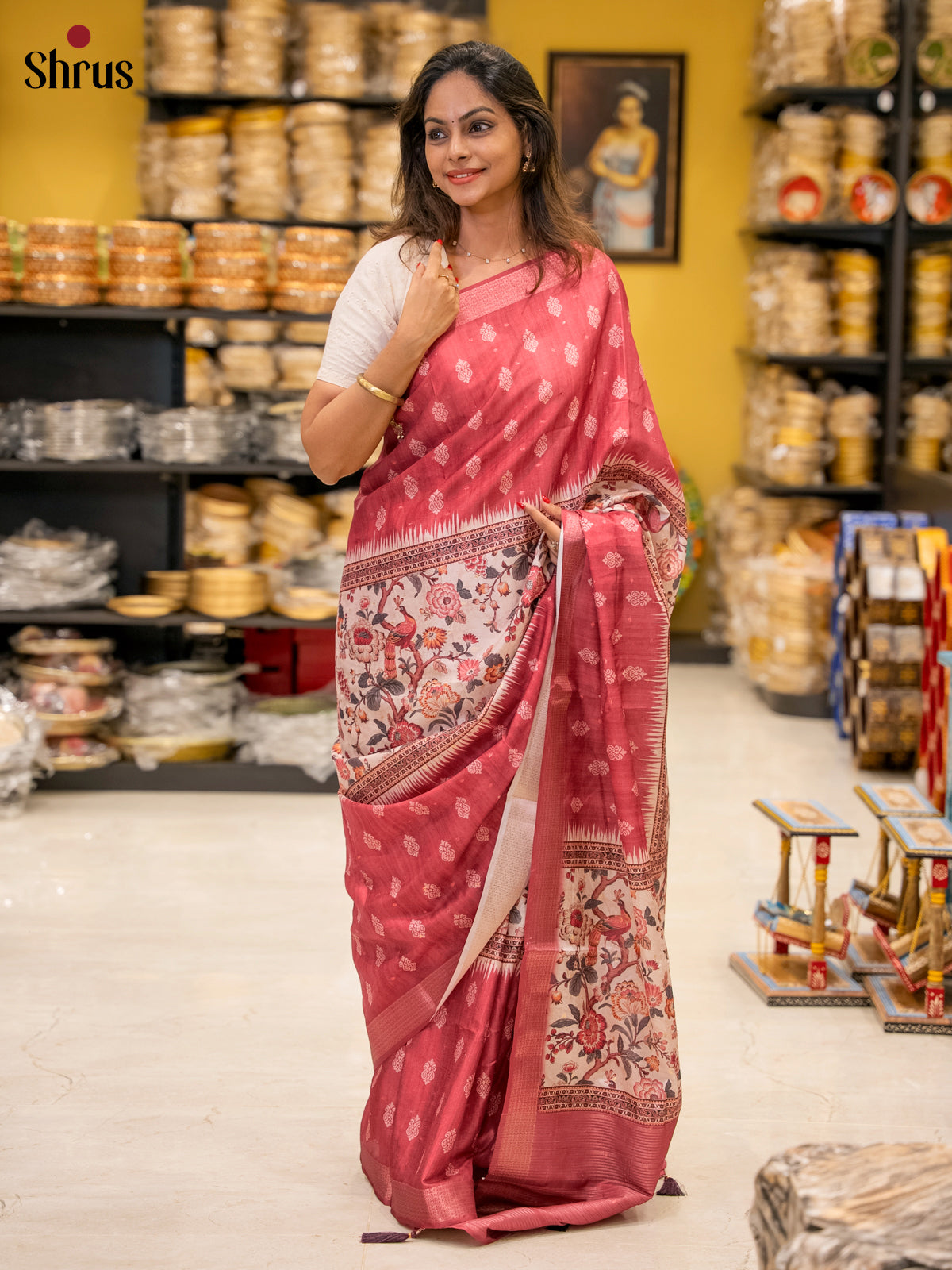 Red & Cream - Semi Dola silk Saree
