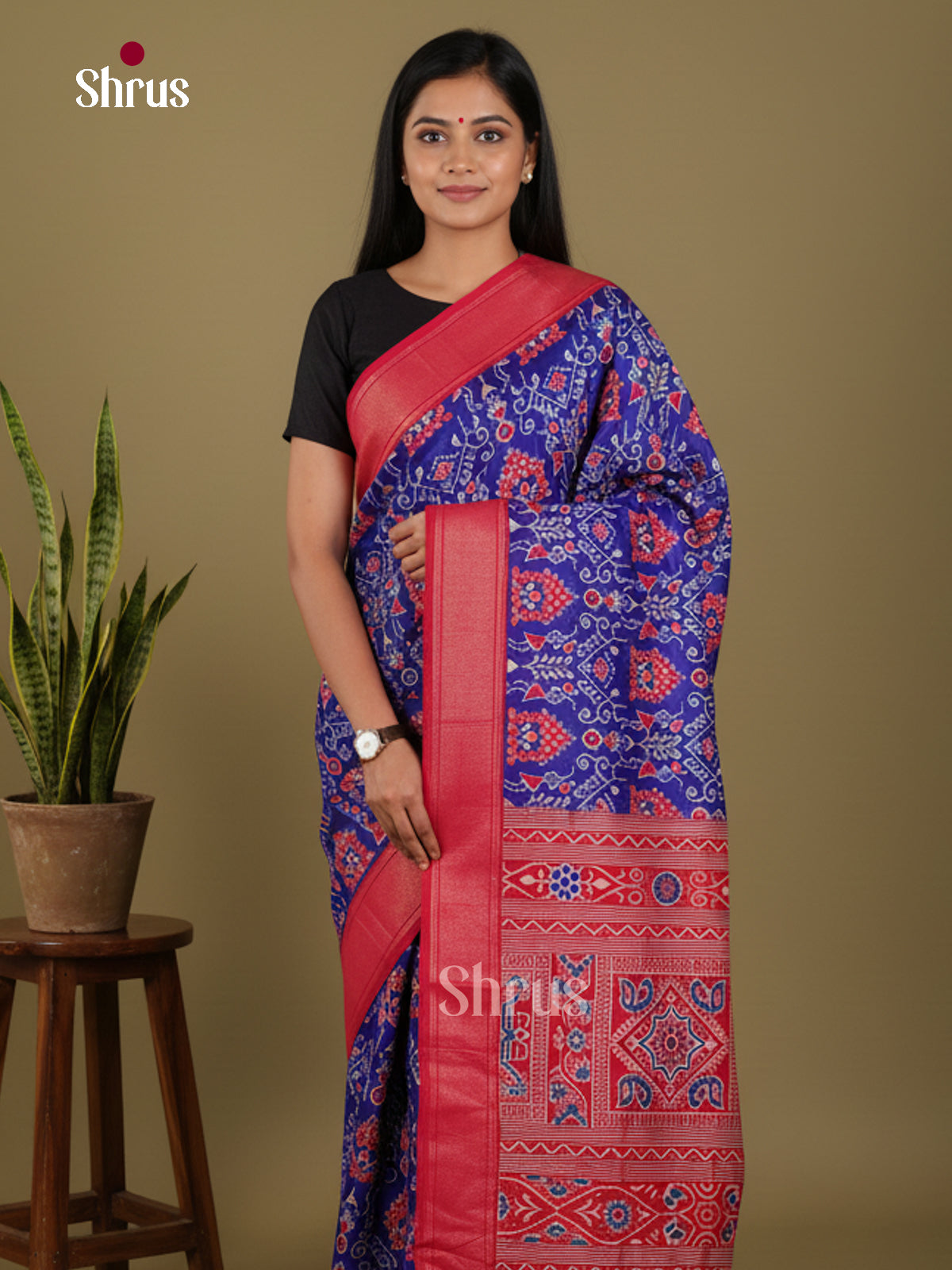 DJS30087 - Semi Ikkat Print Saree - Shop on Shrus.com