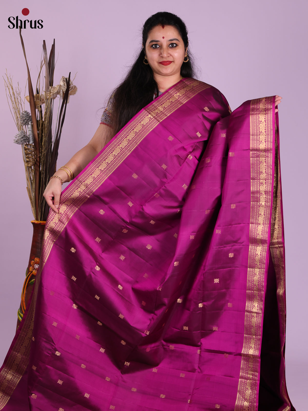 Timeless Purple Soft Silk Saree with gold peacock Buttas & rich zari brocade pallu