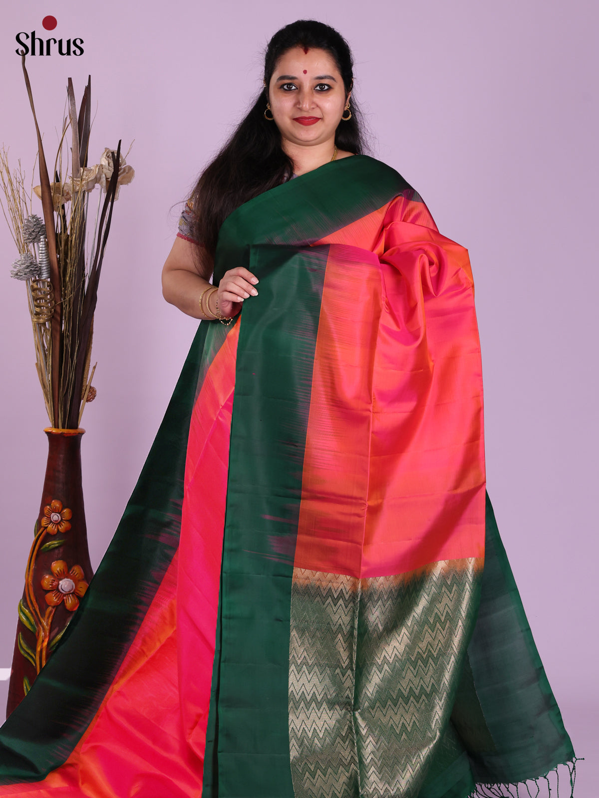 Chic Orangish Pink Soft Silk Saree with Green zari brocade pallu