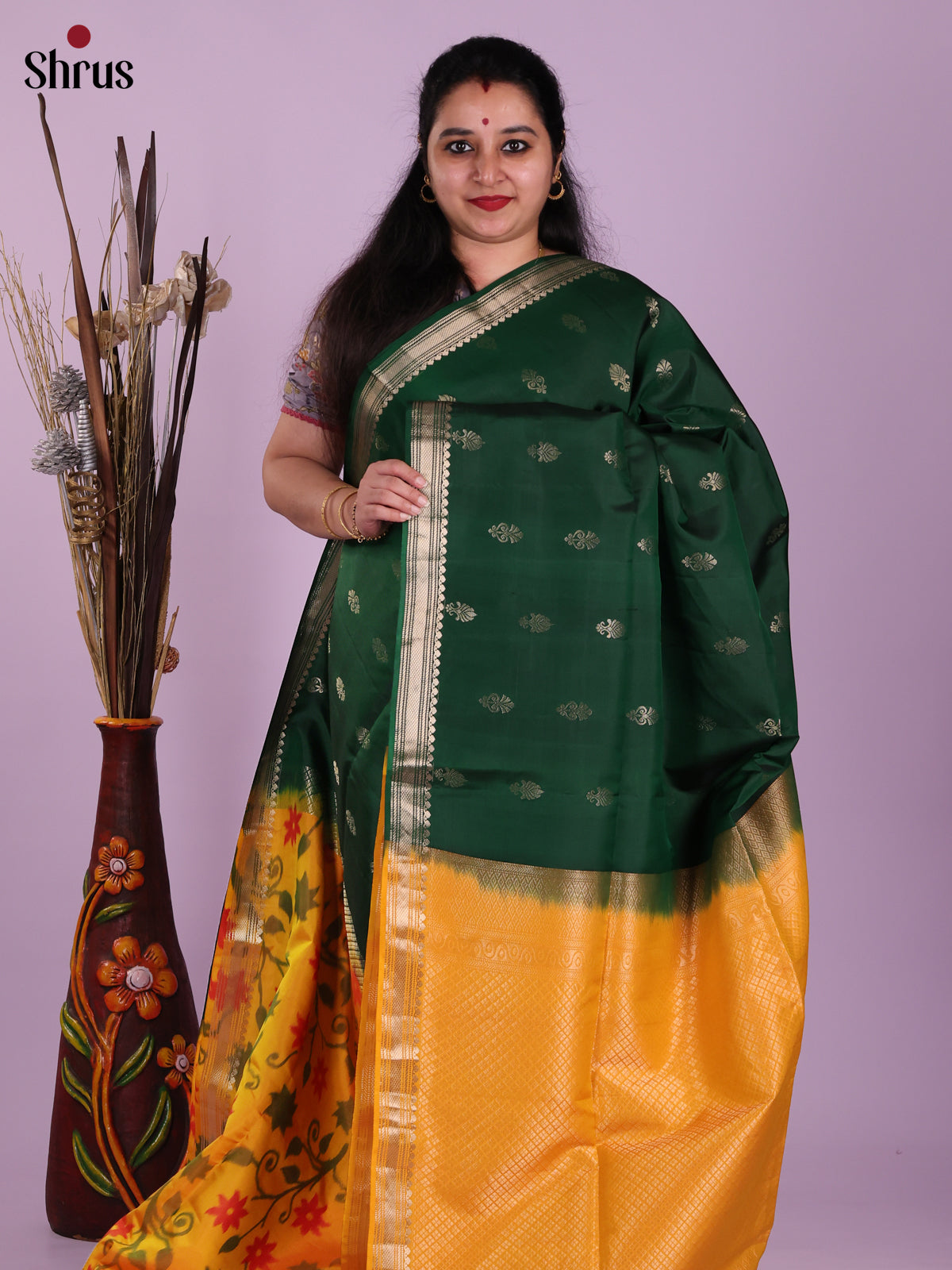 Classy Green & Mustard half & Half Soft Silk Saree with zari buttas , pochampally floral nestling