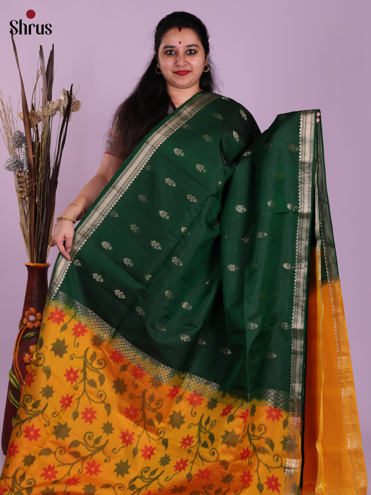 Classy Green & Mustard half & Half Soft Silk Saree with zari buttas , pochampally floral nestling