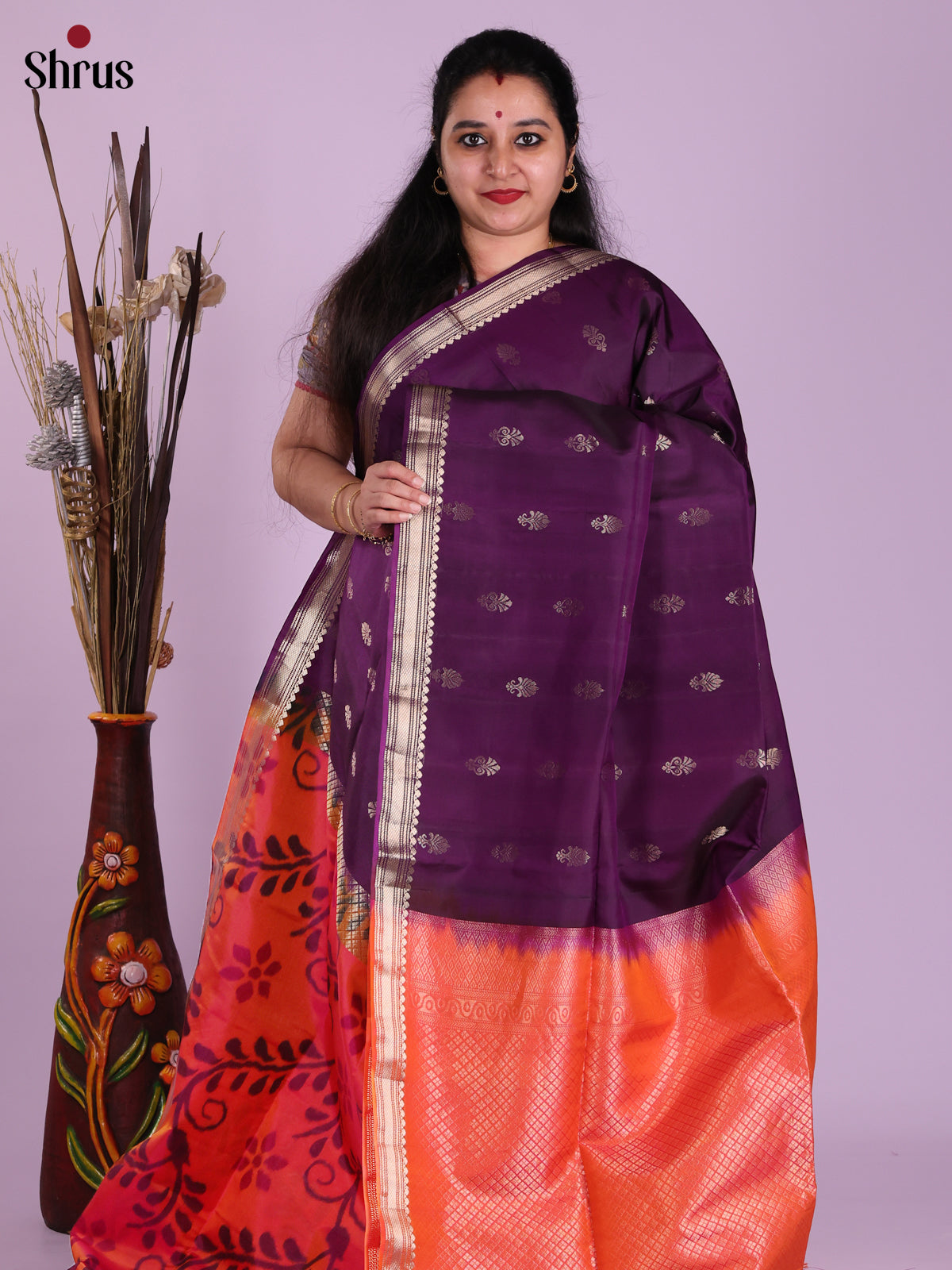Pretty Violet & Orangish Pink Soft Silk Saree with zari floral buttas