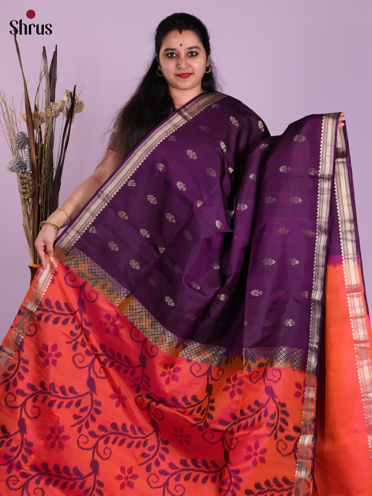 Pretty Violet & Orangish Pink Soft Silk Saree with zari floral buttas