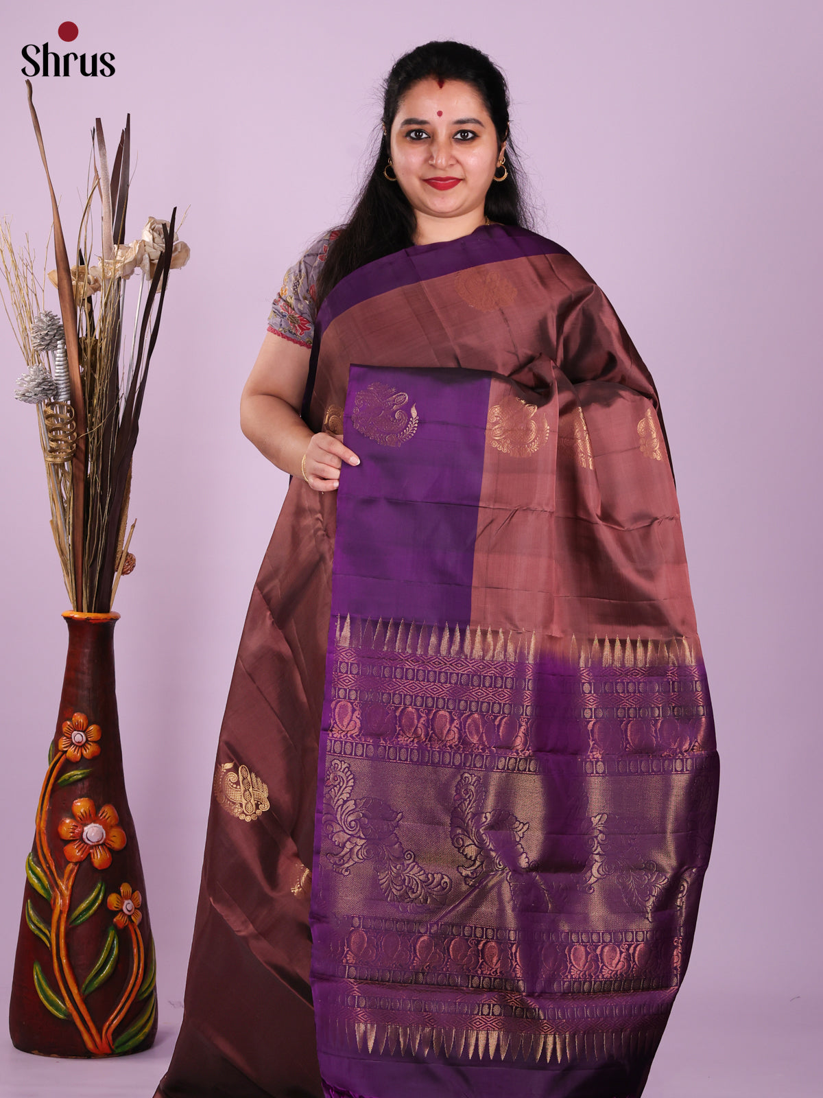 Brown & Violet - Softsilk-halfpure Saree