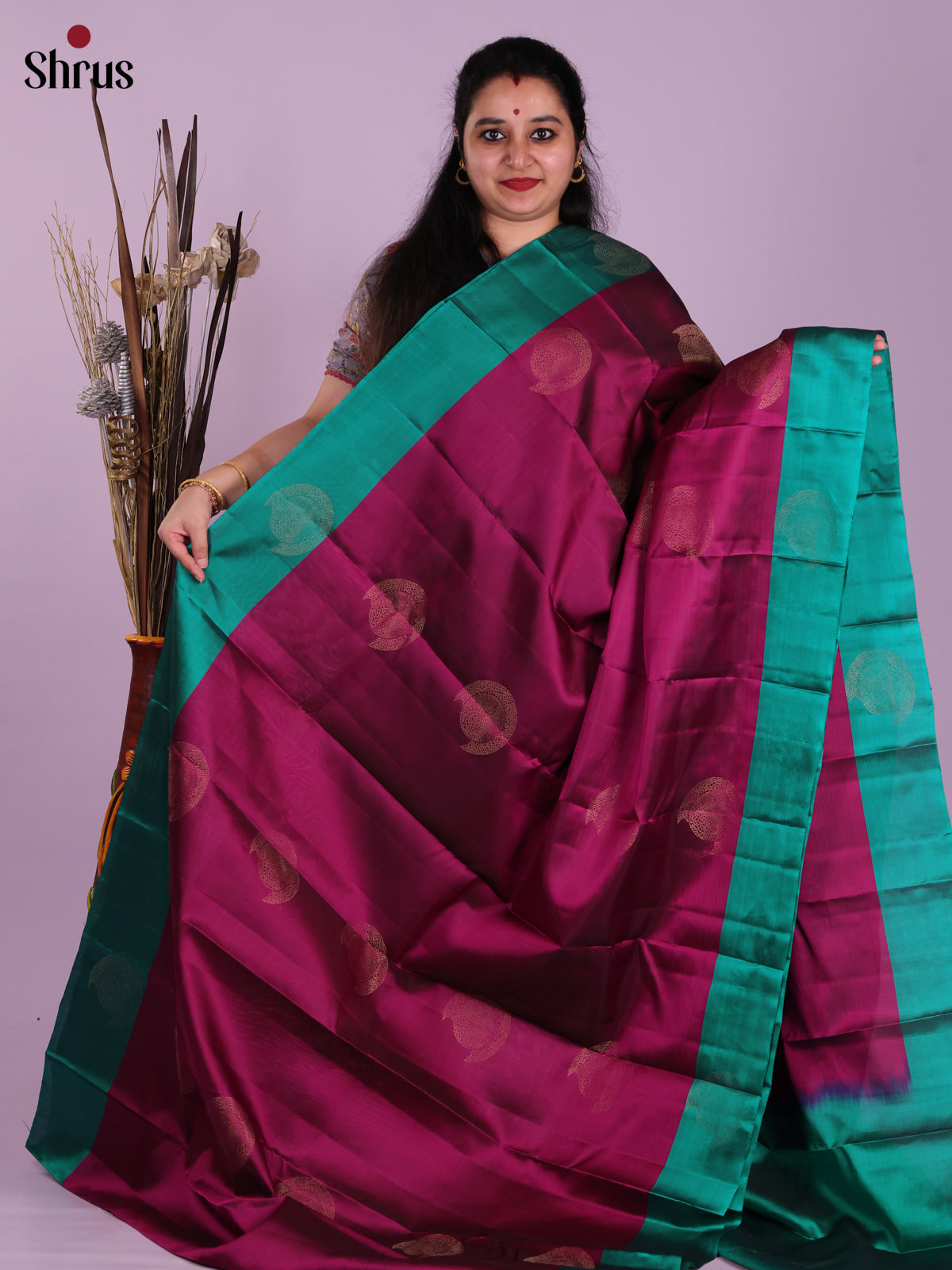 Maroon & Green - Softsilk-halfpure Saree - Shop on Shrus.com