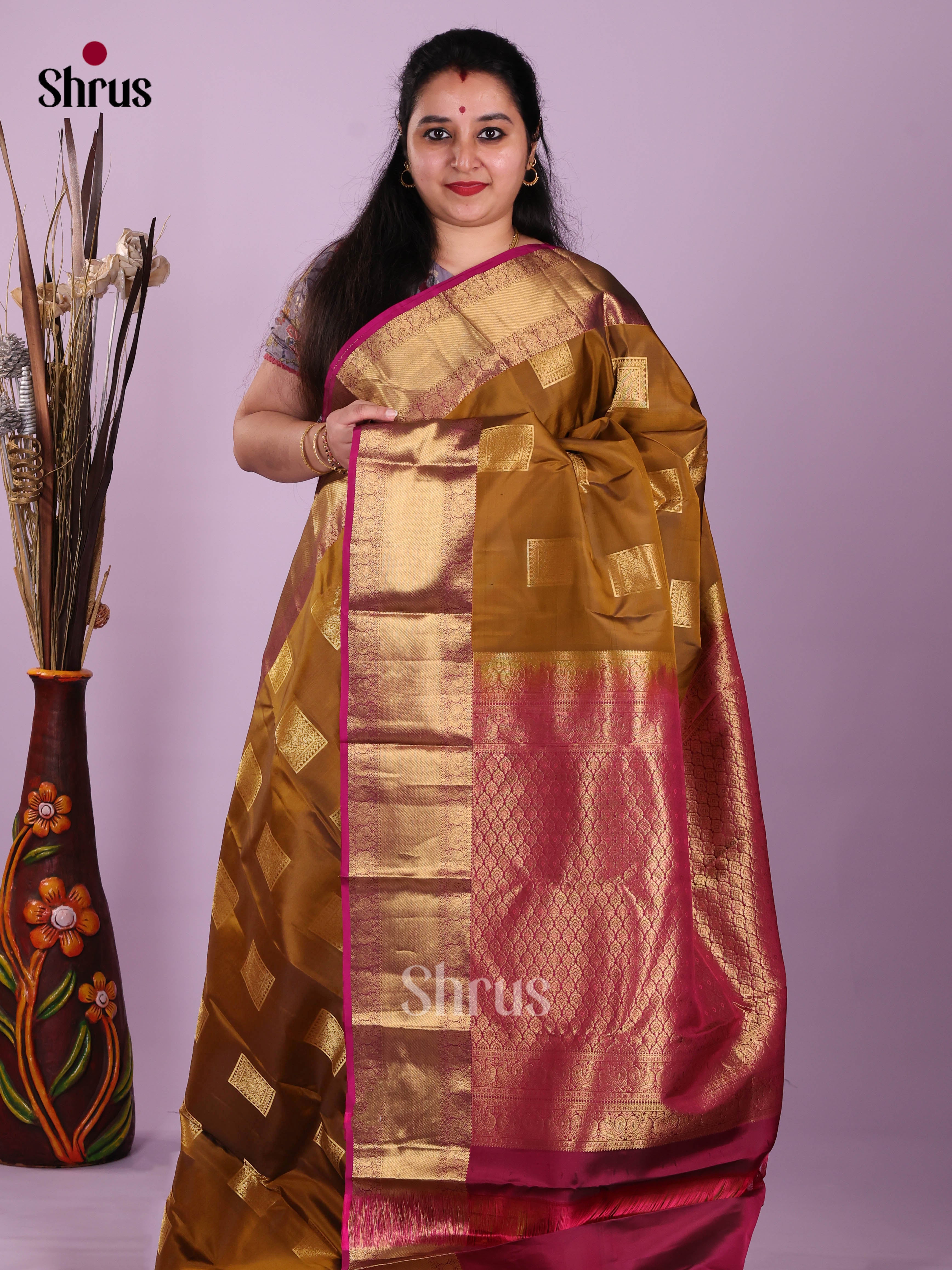 Mehandi & Purple - Kanchipuram-halfpure Saree