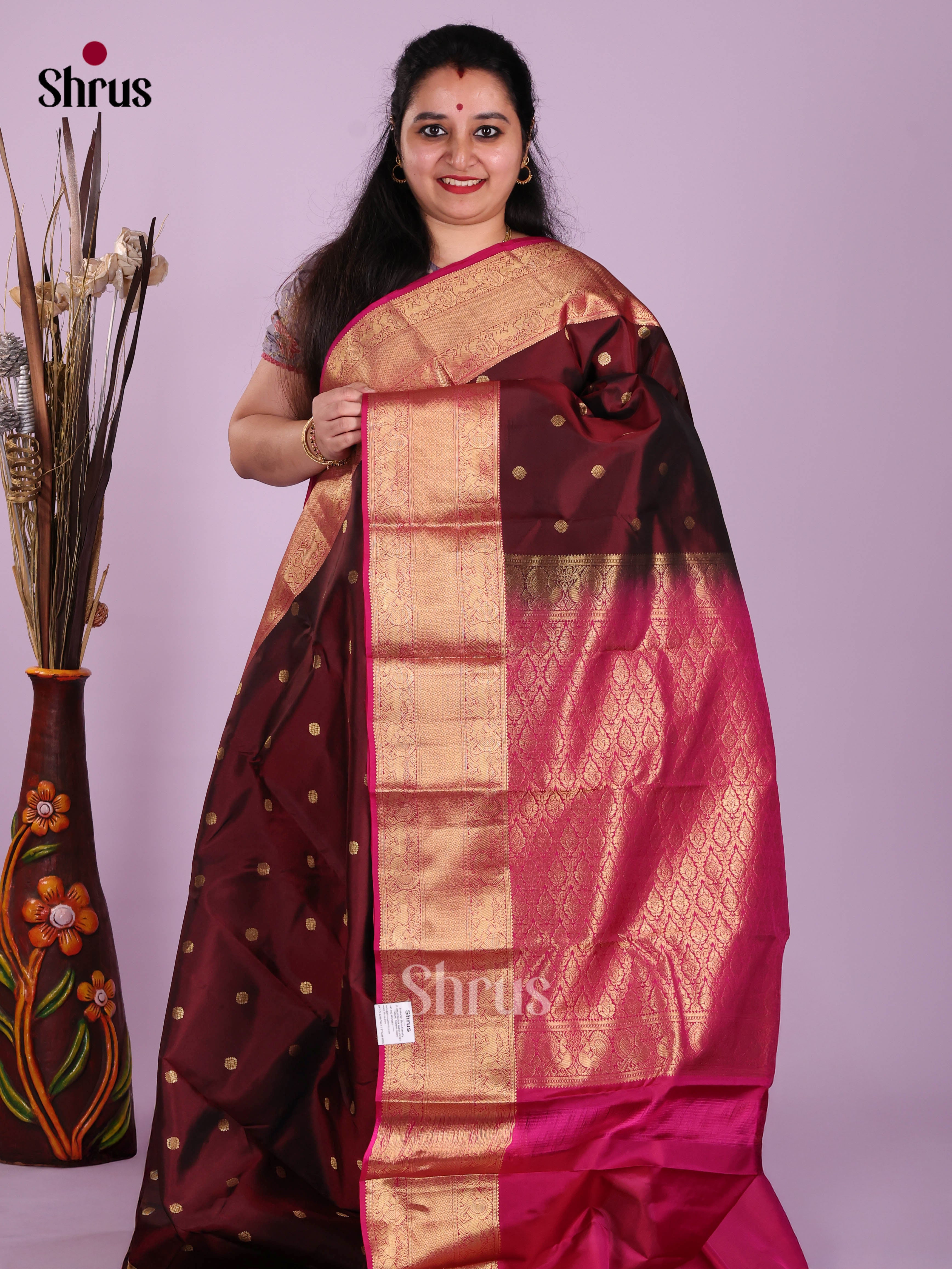 Brown & Maroon - Kanchipuram-halfpure Saree