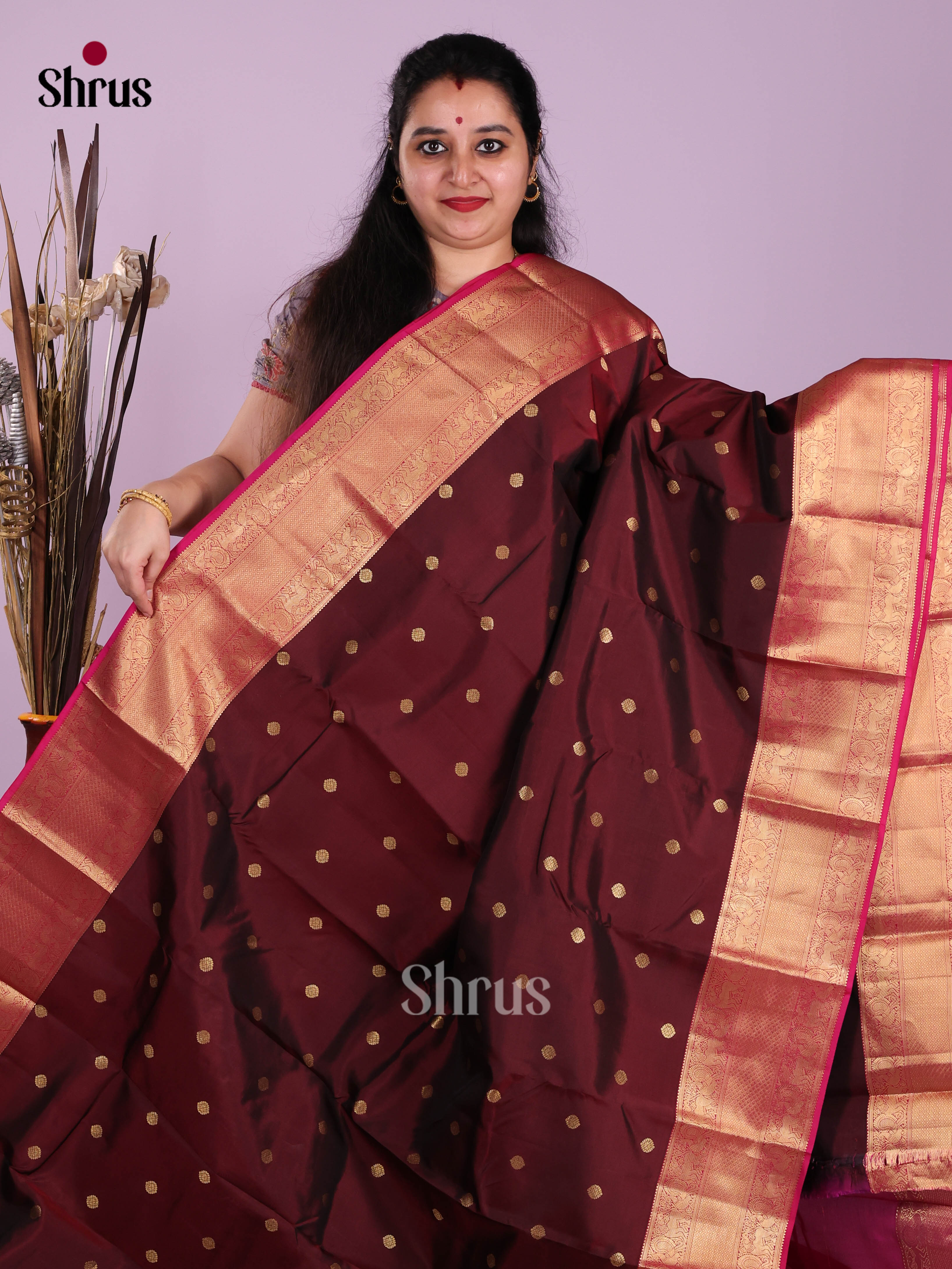 Brown & Maroon - Kanchipuram-halfpure Saree