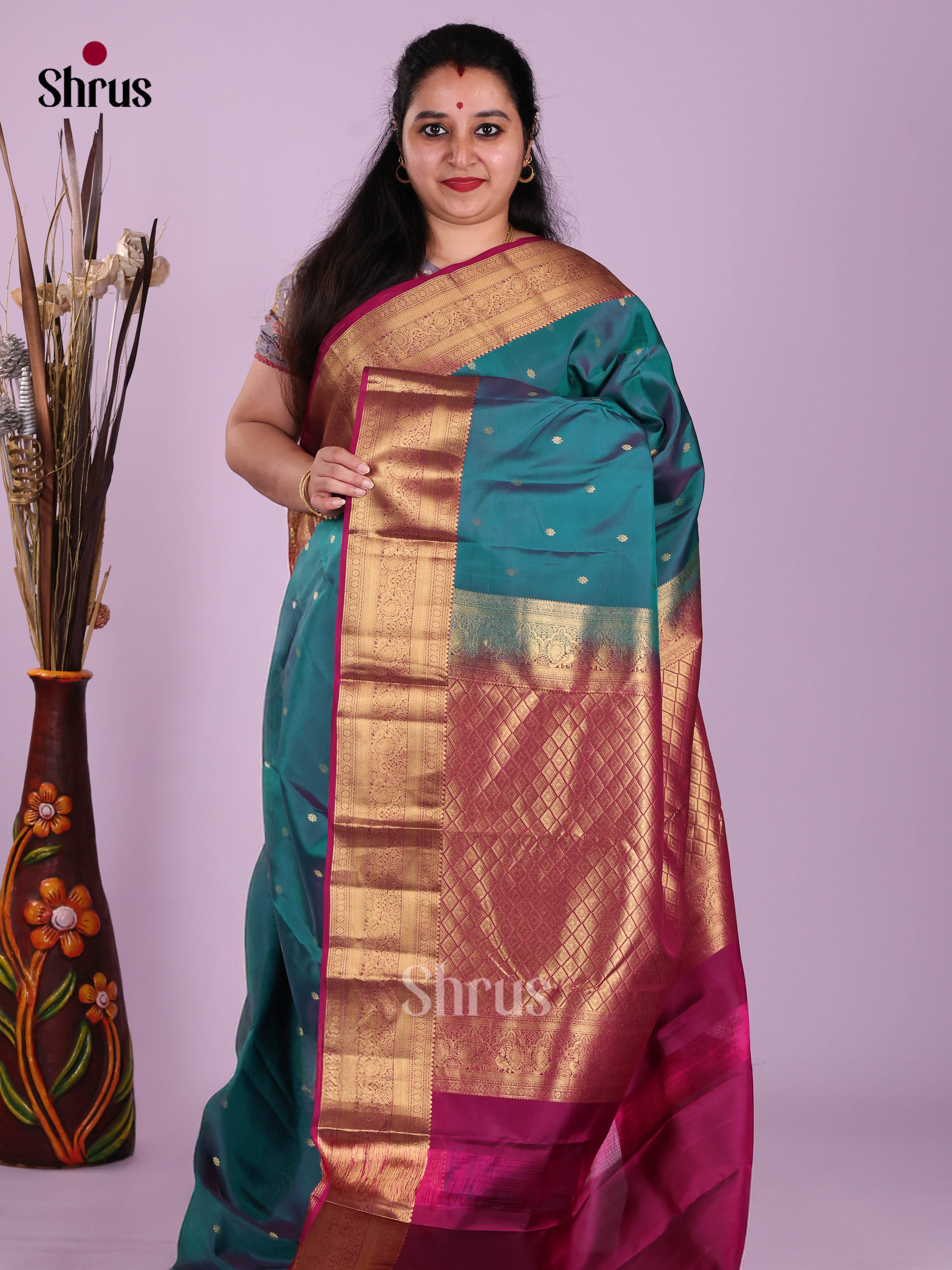 Peacock Green & Maroon - Kanchipuram-halfpure Saree