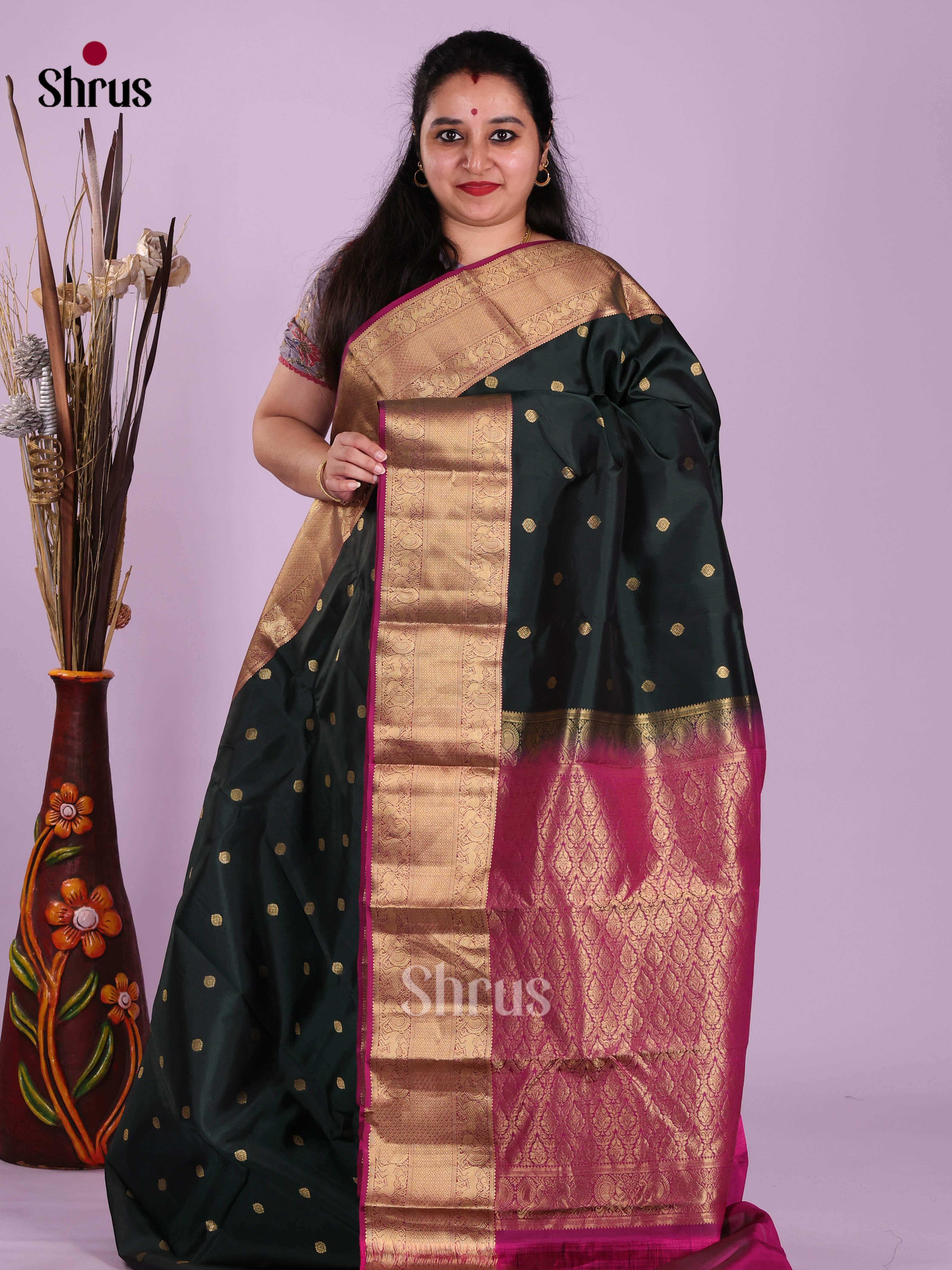 Dark Green & Purple - Kanchipuram-halfpure Saree