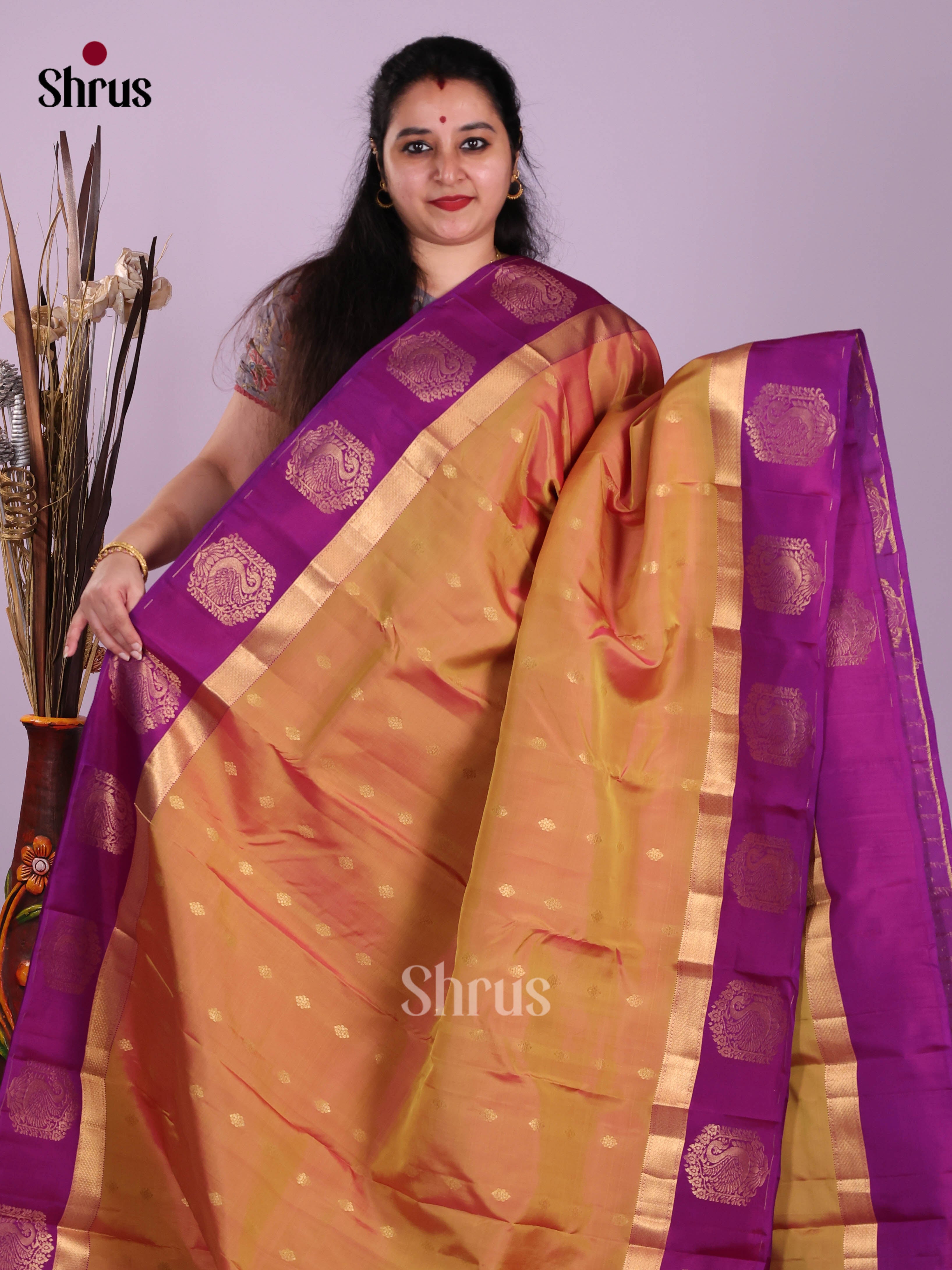 Brick & Purple - Kanchipuram-halfpure Saree