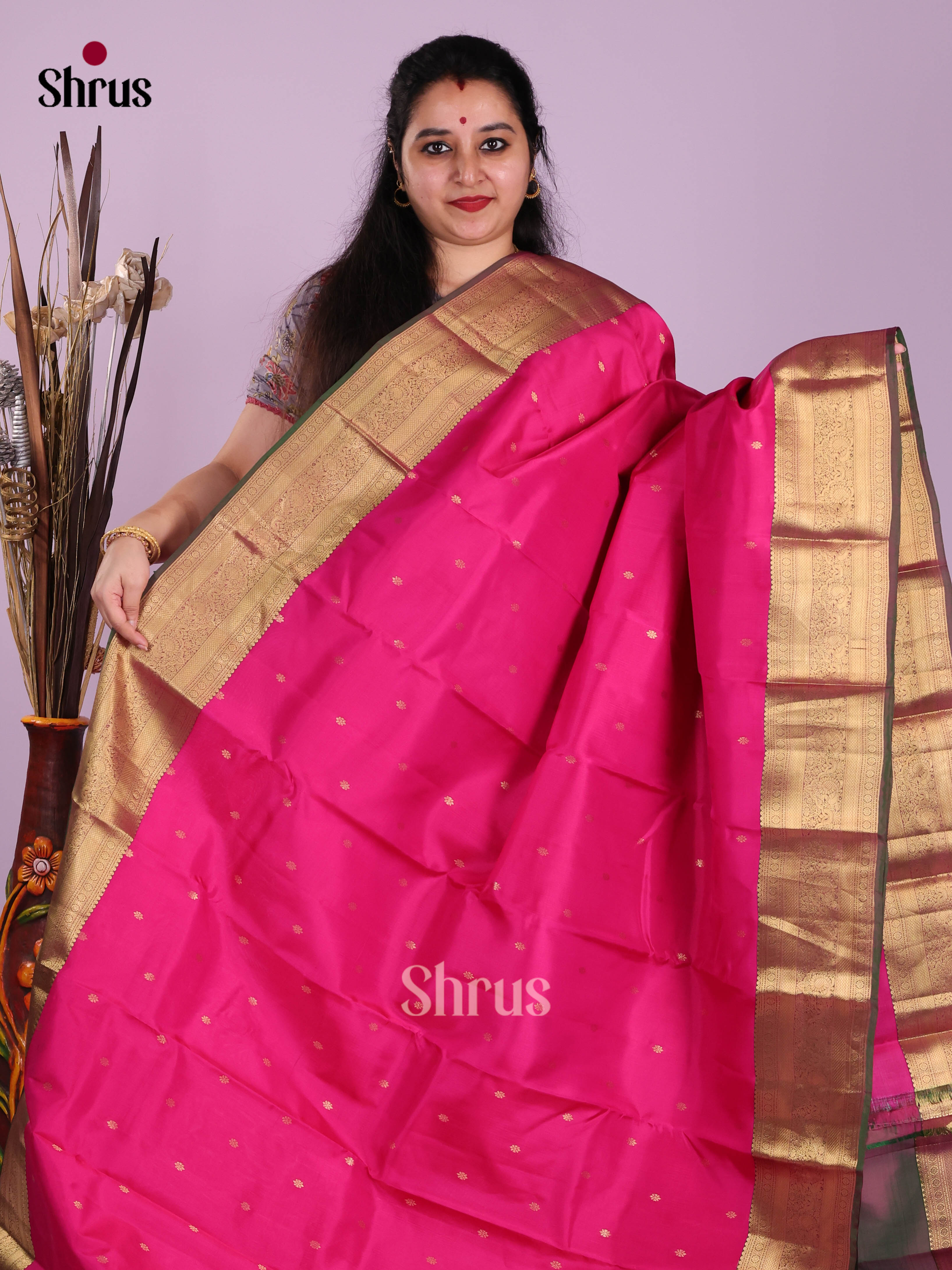 Pink & Double Shaded Green- Kanchipuram-halfpure Saree