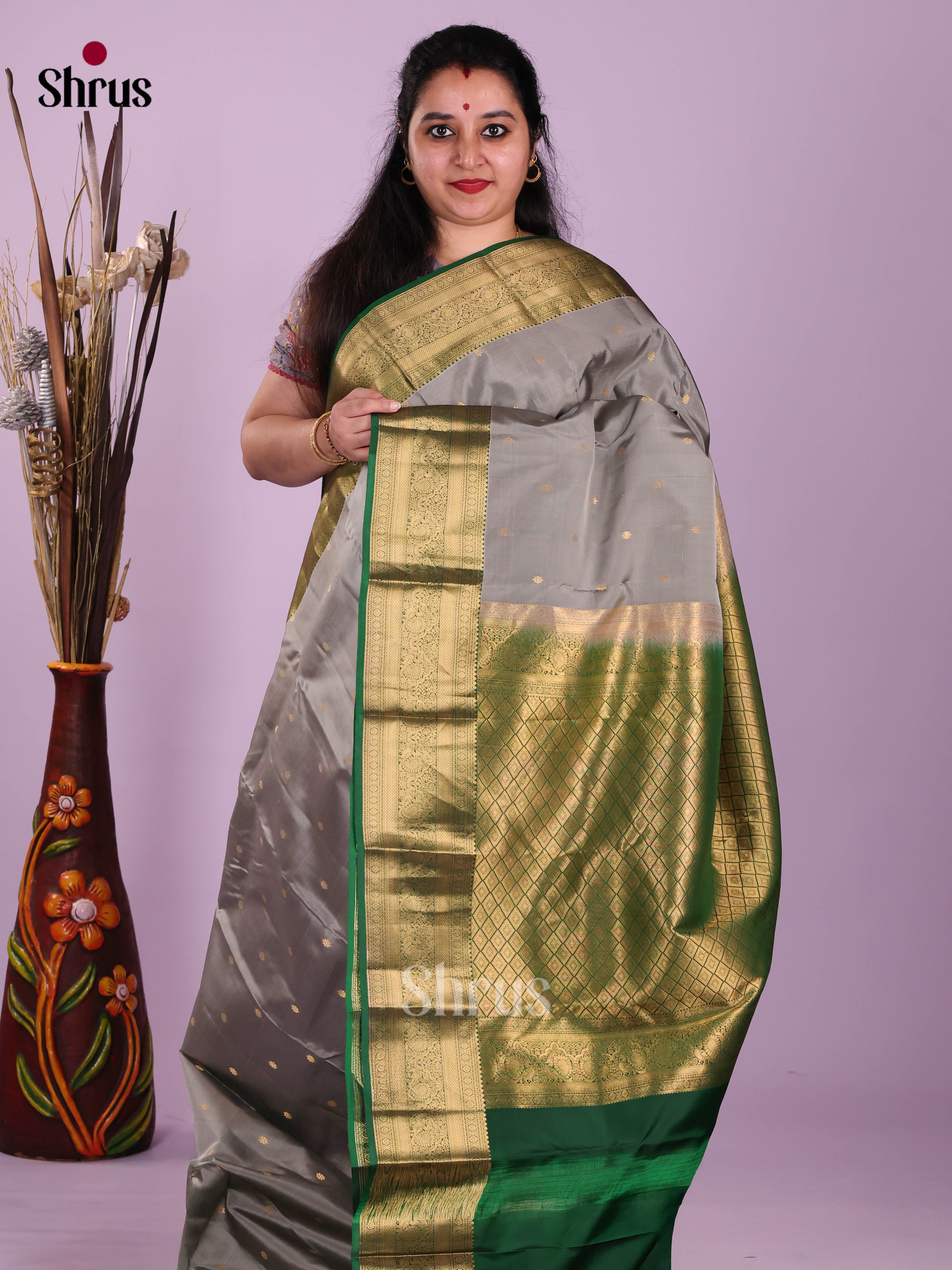 Grey & Green - Kanchipuram-halfpure Saree