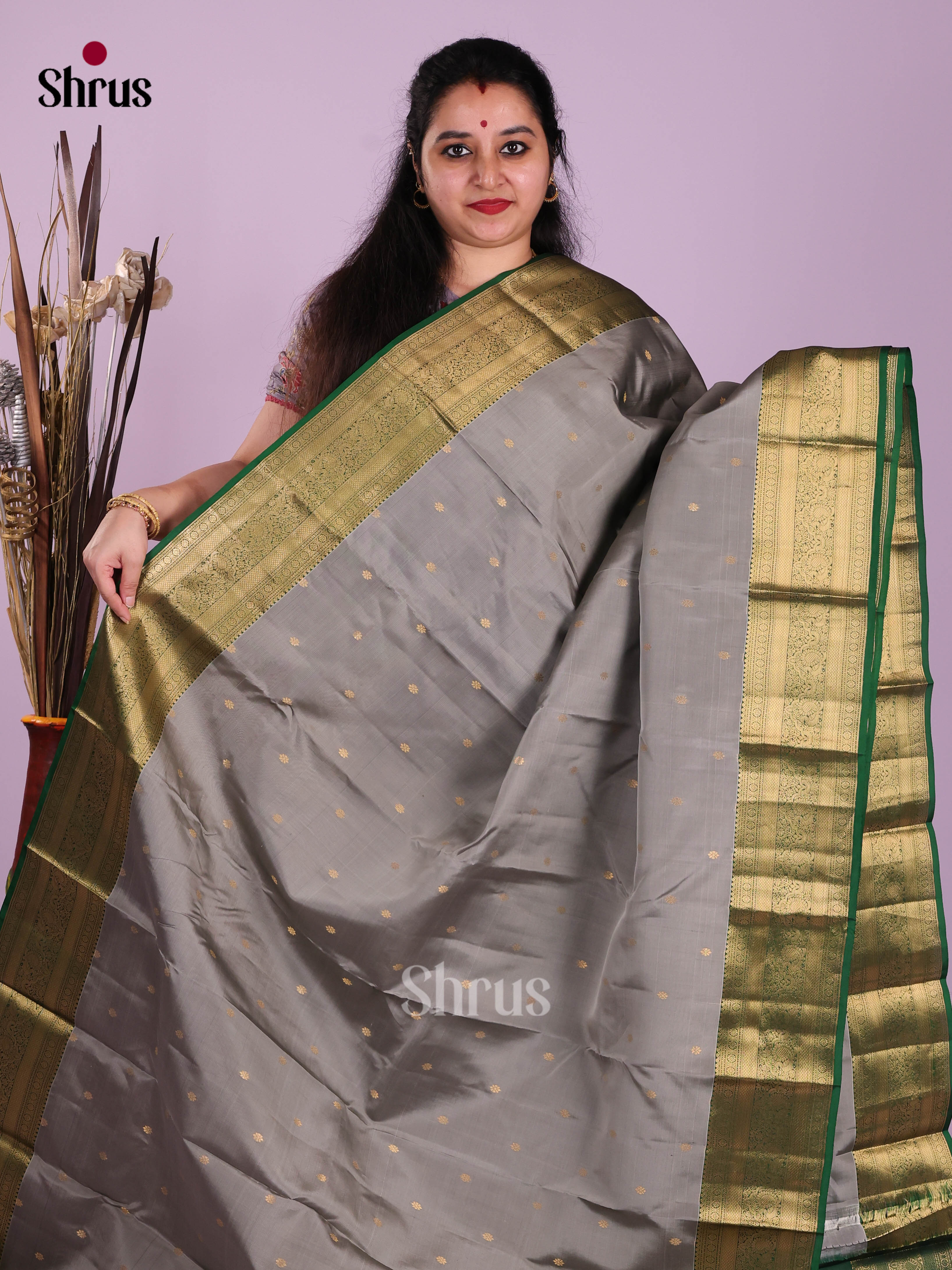 Grey & Green - Kanchipuram-halfpure Saree