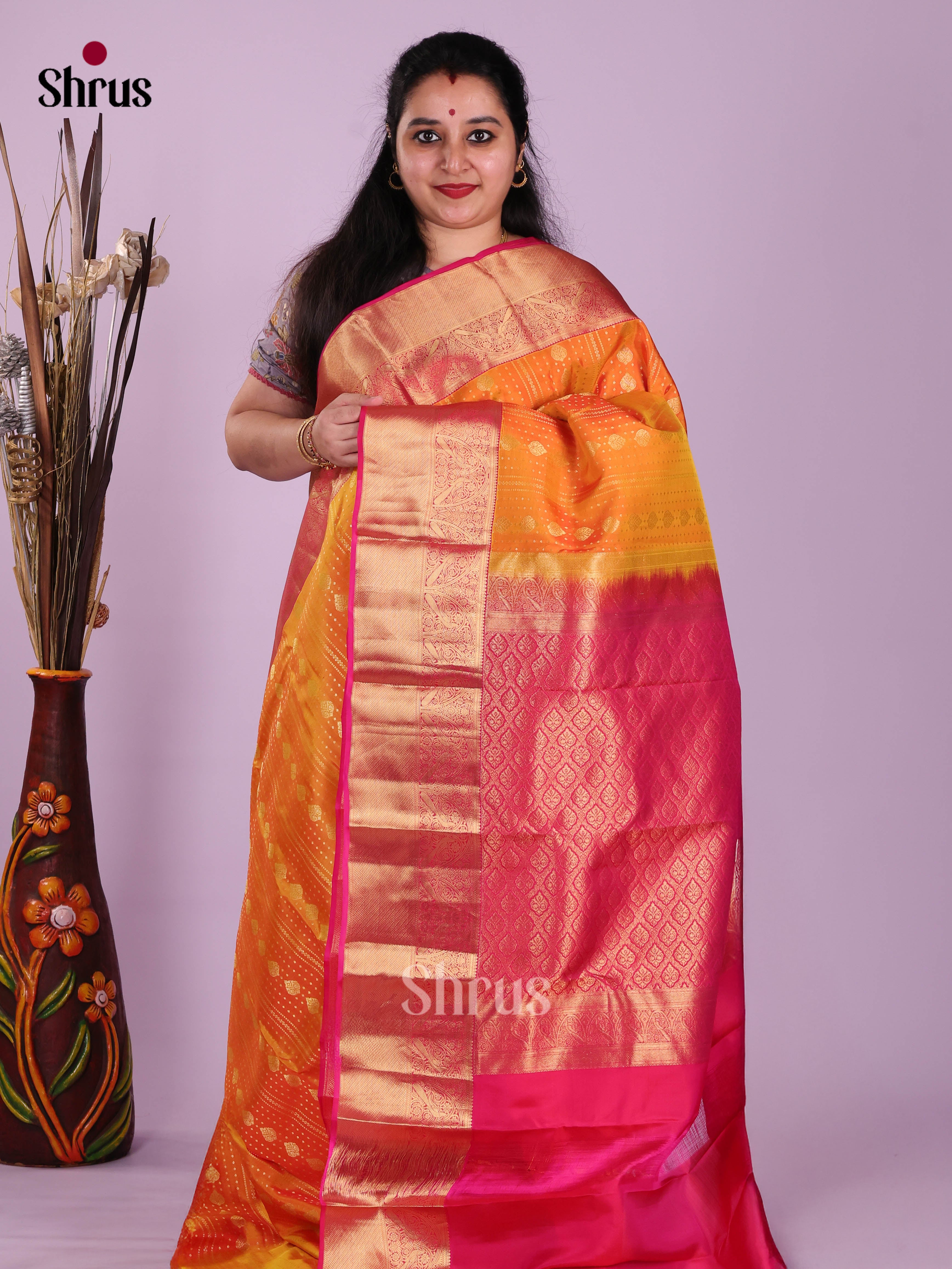 Orange & Pink - Kanchipuram-halfpure Saree