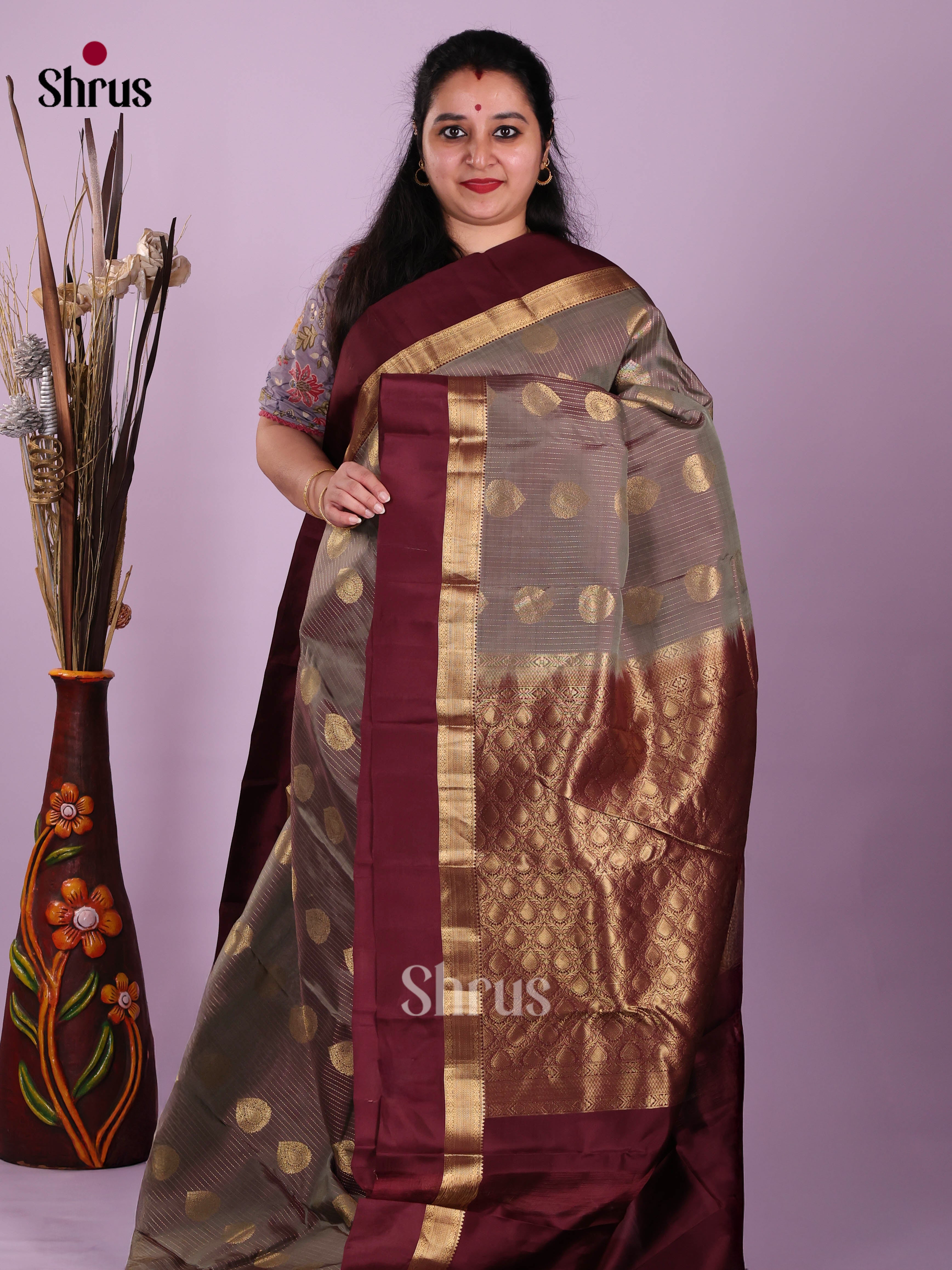 Grey & Maroon - Kanchipuram-halfpure Saree