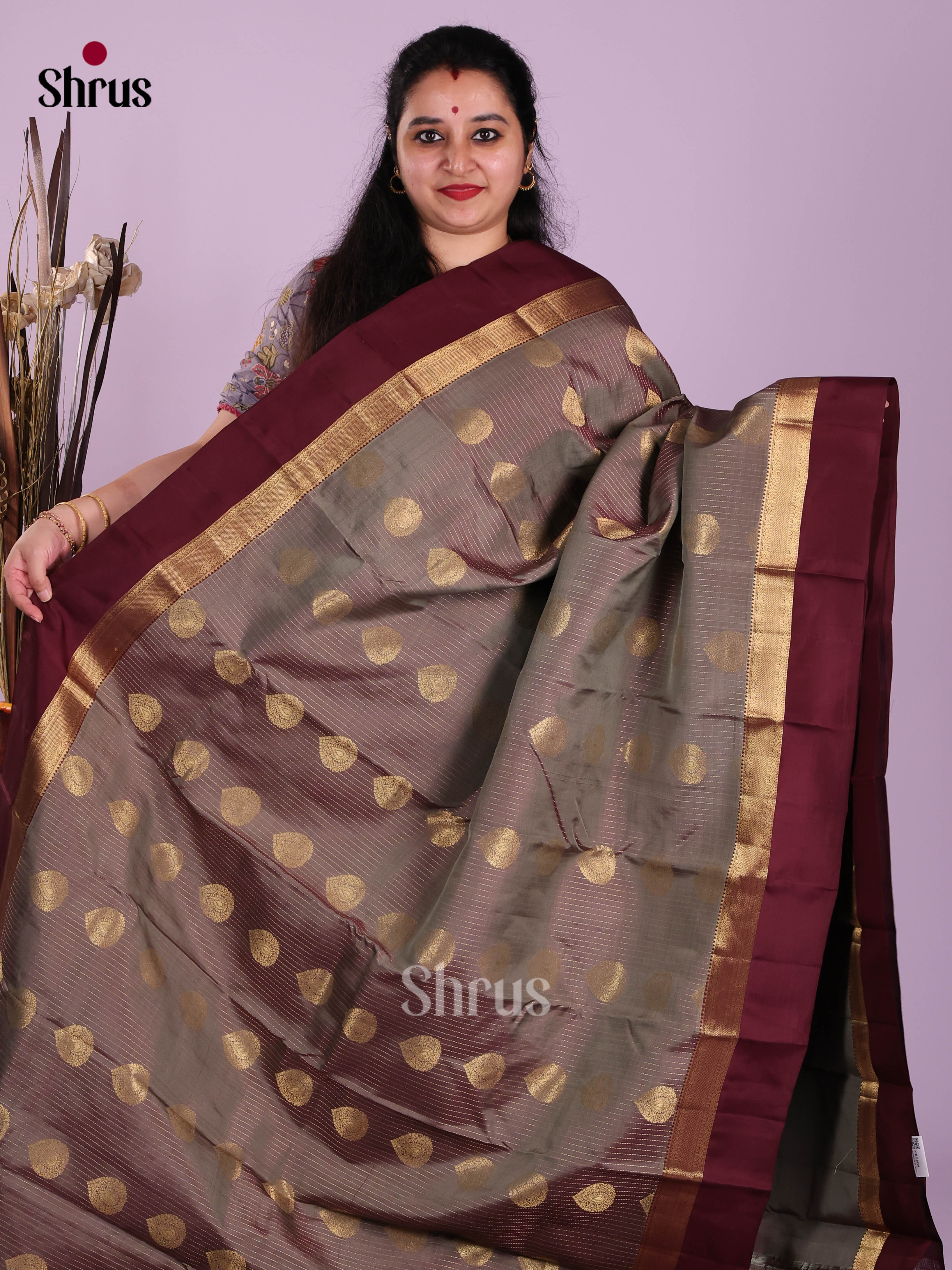 Grey & Maroon - Kanchipuram-halfpure Saree