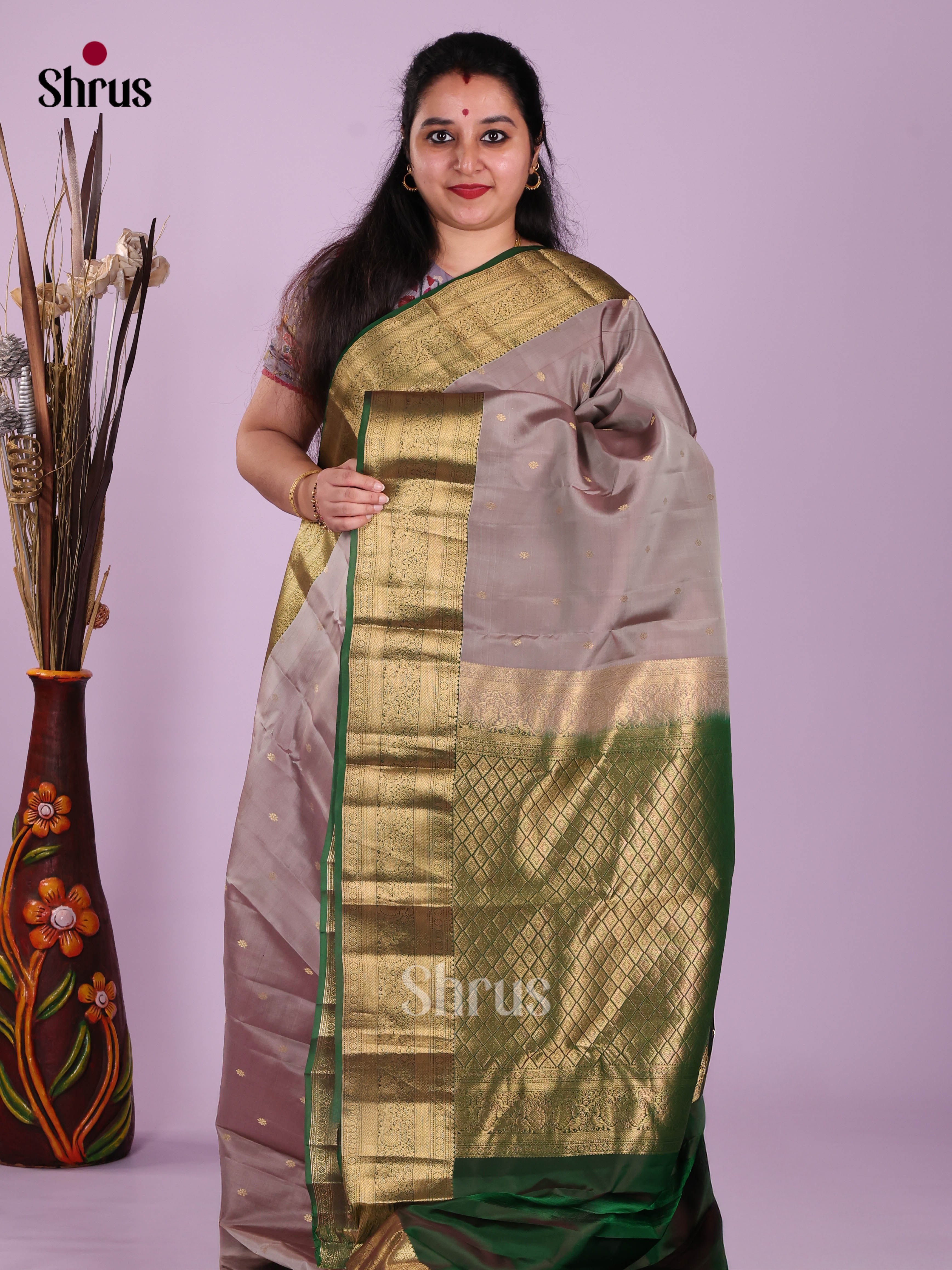Grey & Green - Kanchipuram-halfpure Saree
