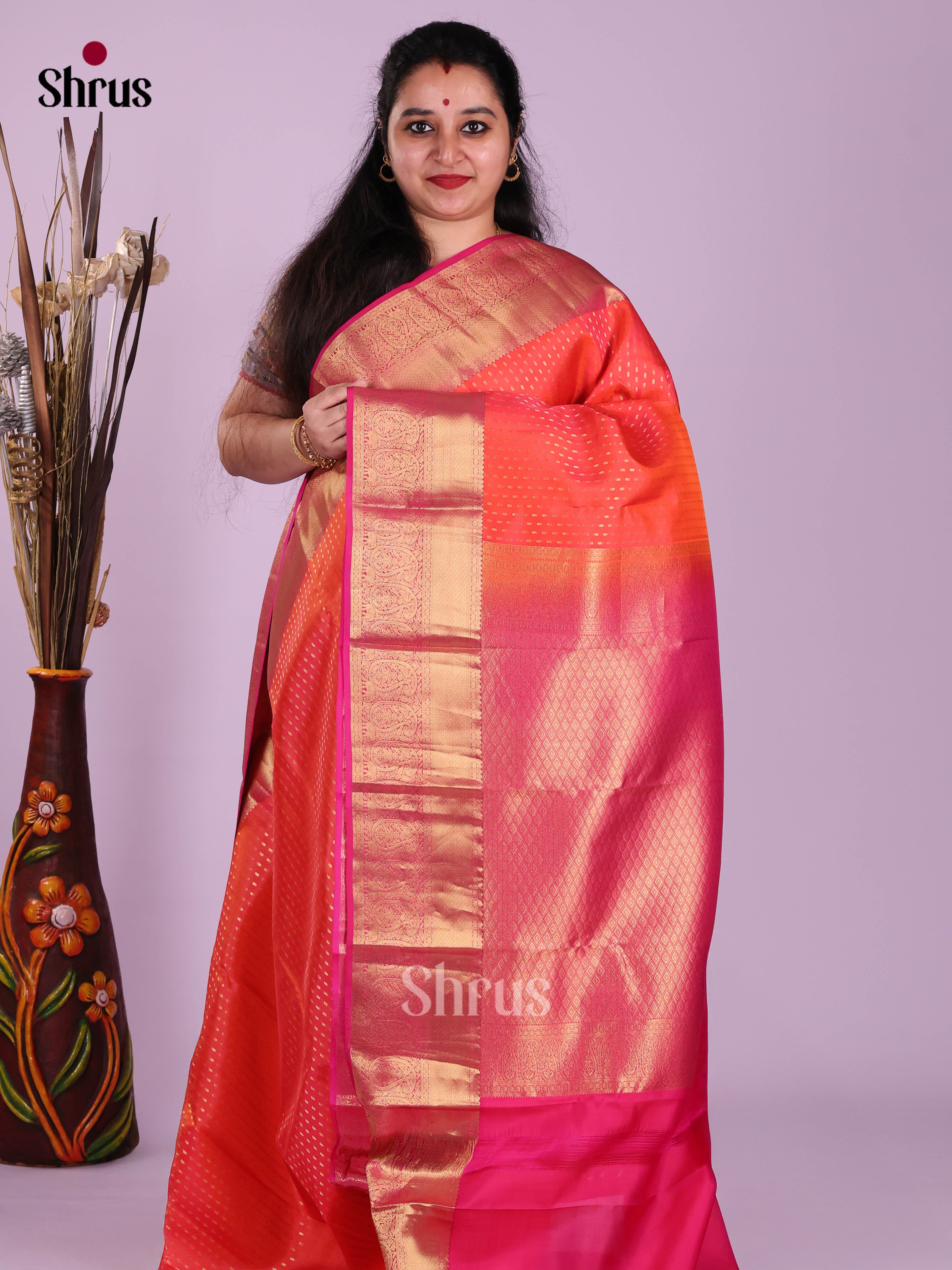 Orange & Pink - Kanchipuram-halfpure Saree