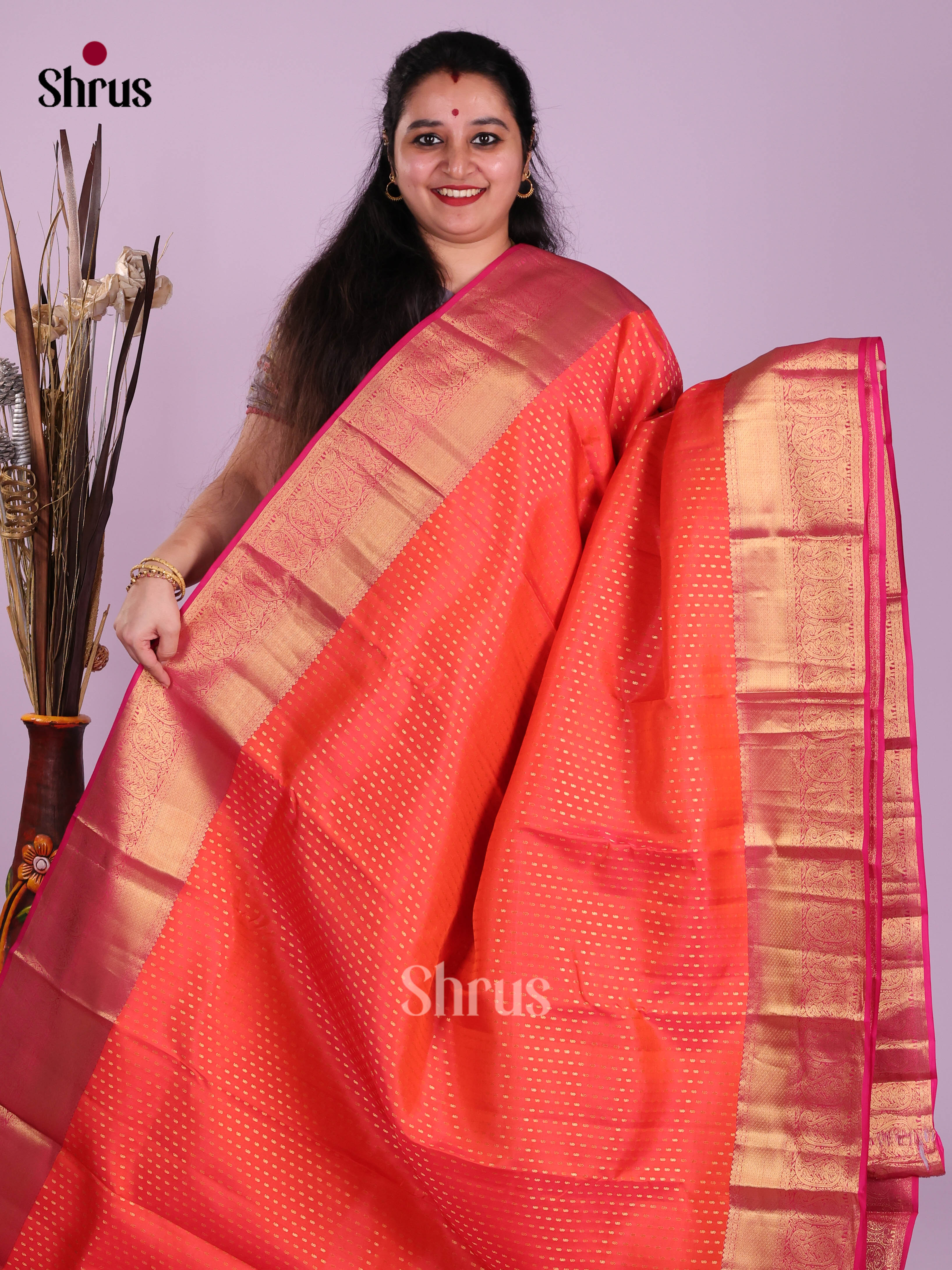Orange & Pink - Kanchipuram-halfpure Saree
