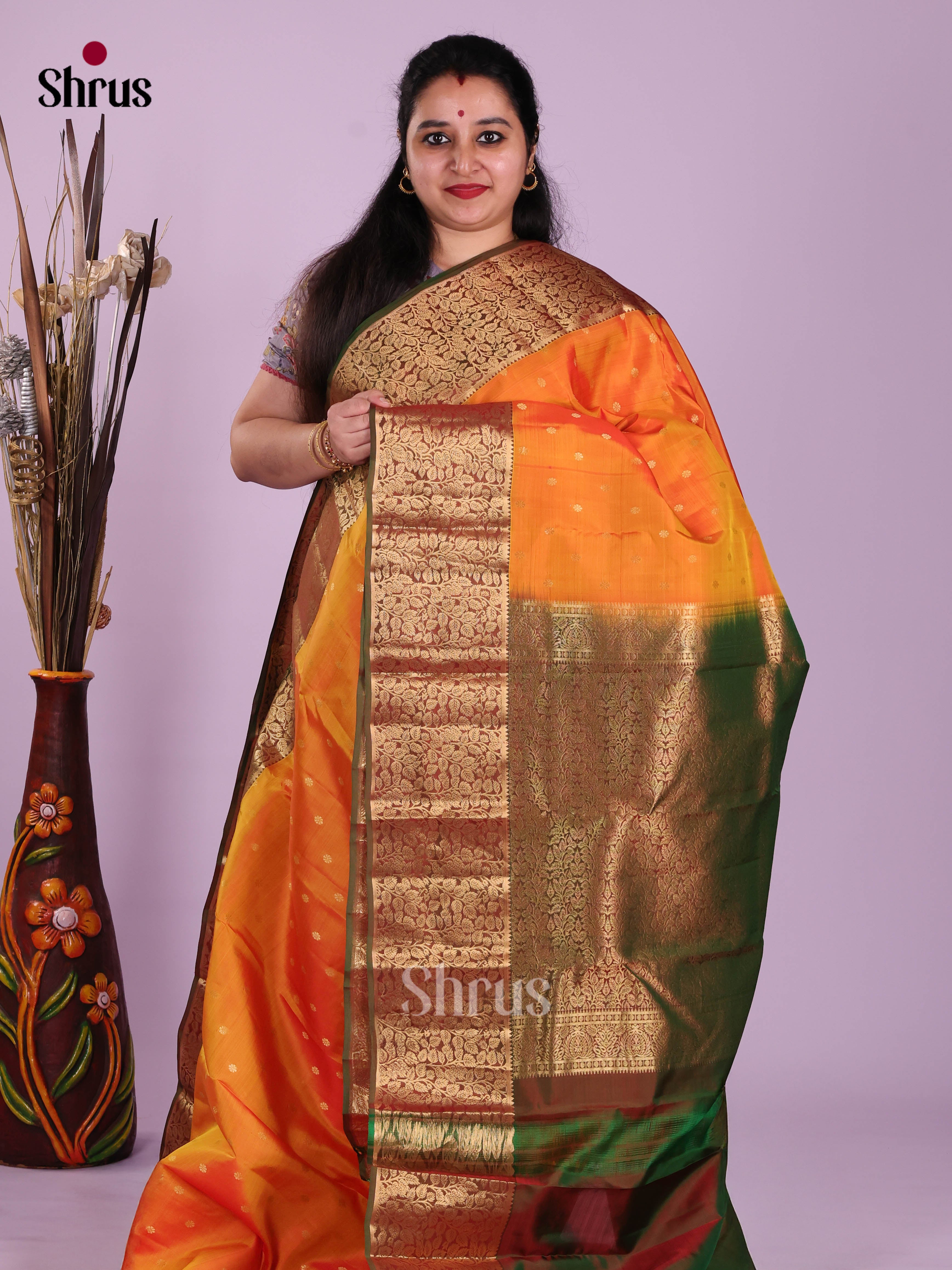 Orange & Green - Kanchipuram-halfpure Saree