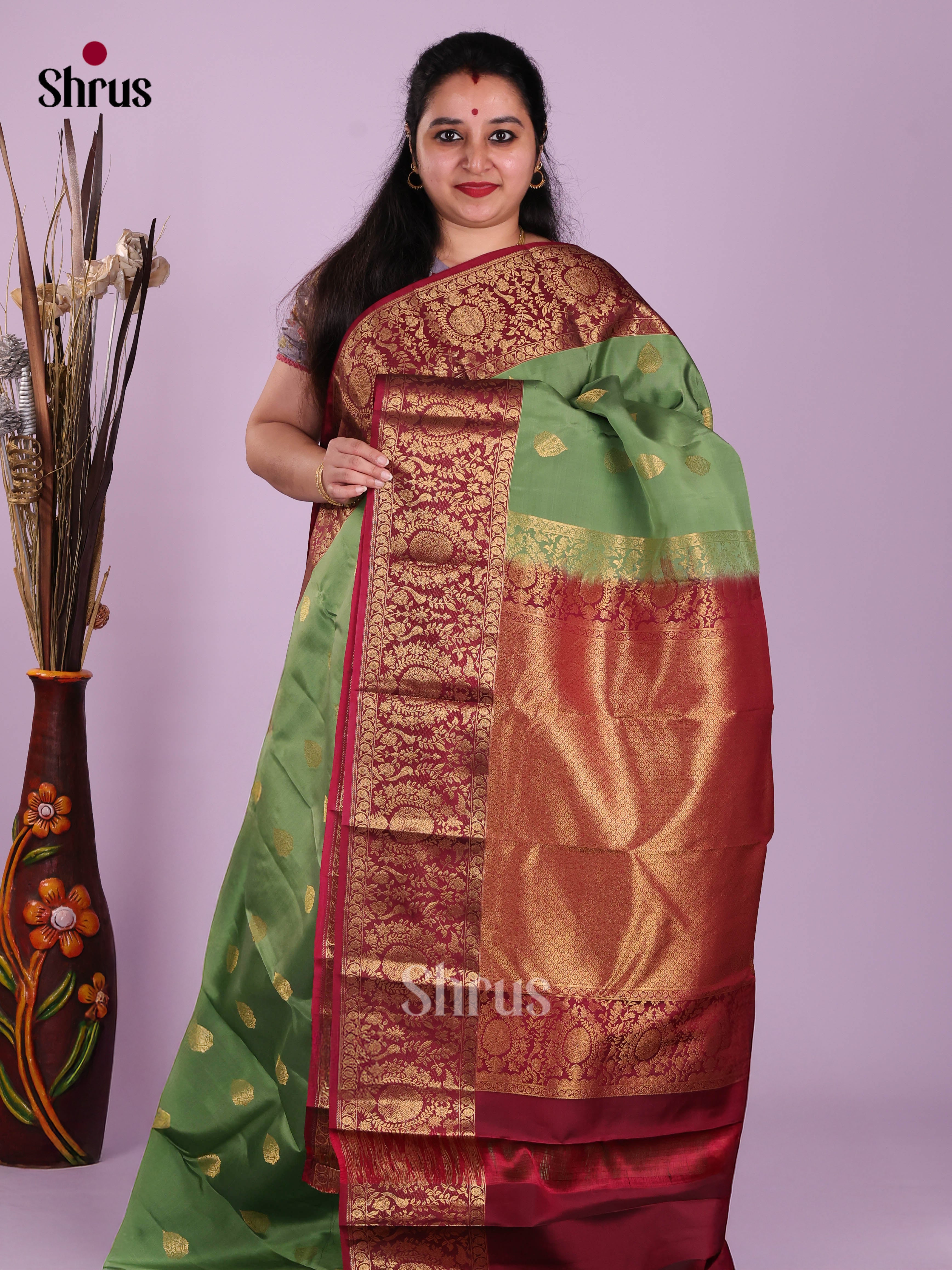 Green & Maroon - Kanchipuram-halfpure Saree