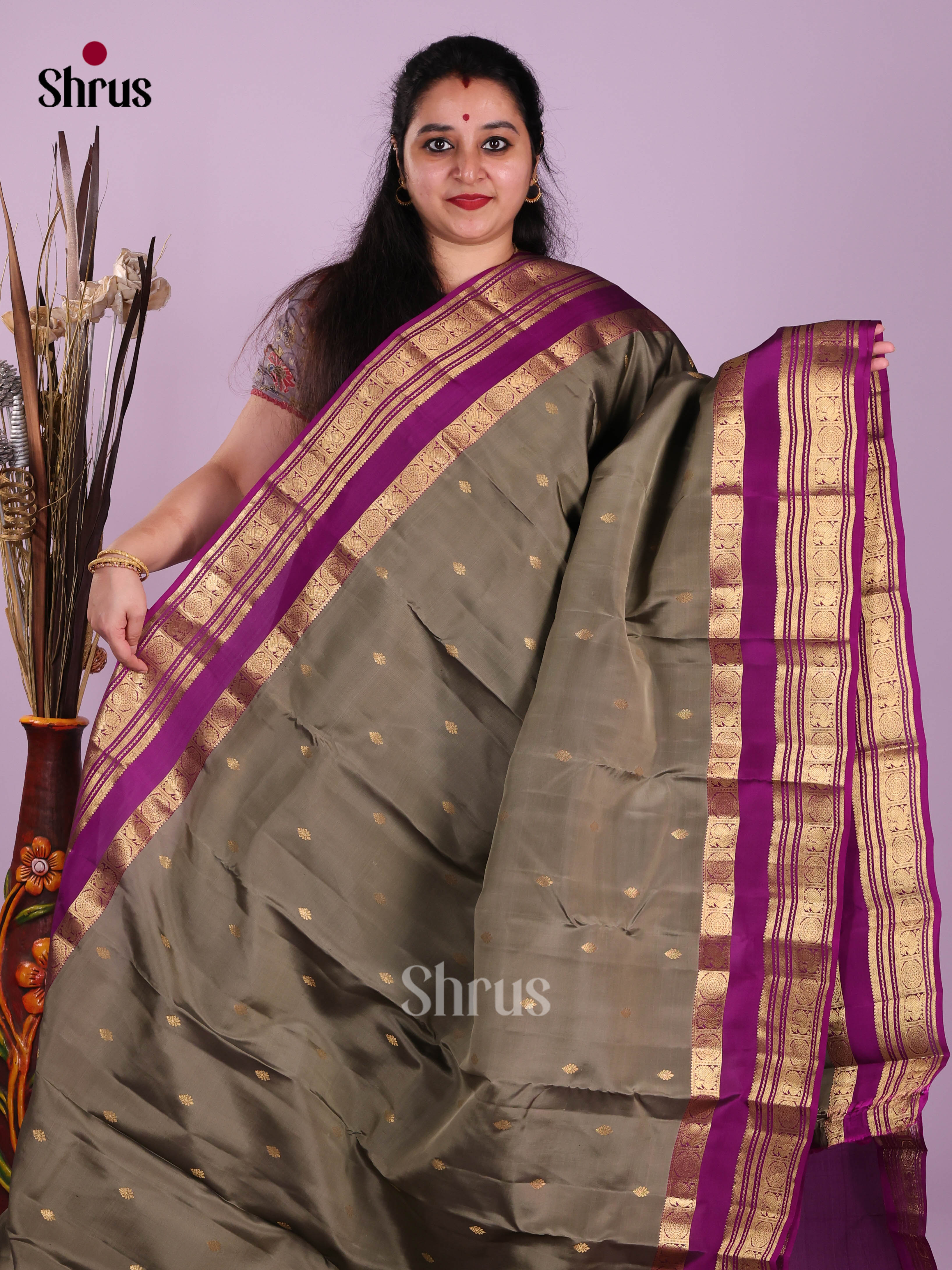 Grey & Purple - Kanchipuram-halfpure Saree