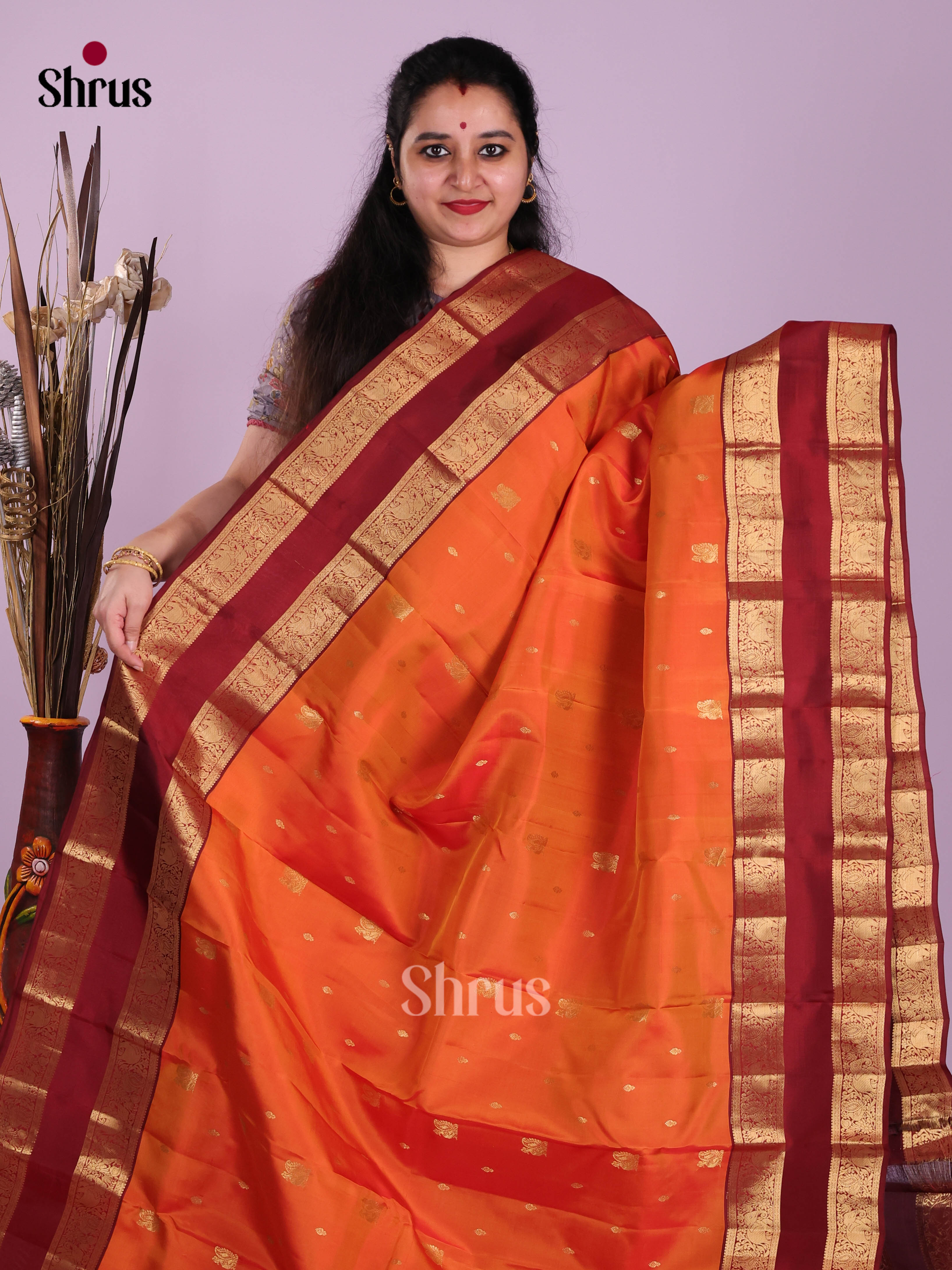 Orange & Maroon - Kanchipuram-halfpure Saree