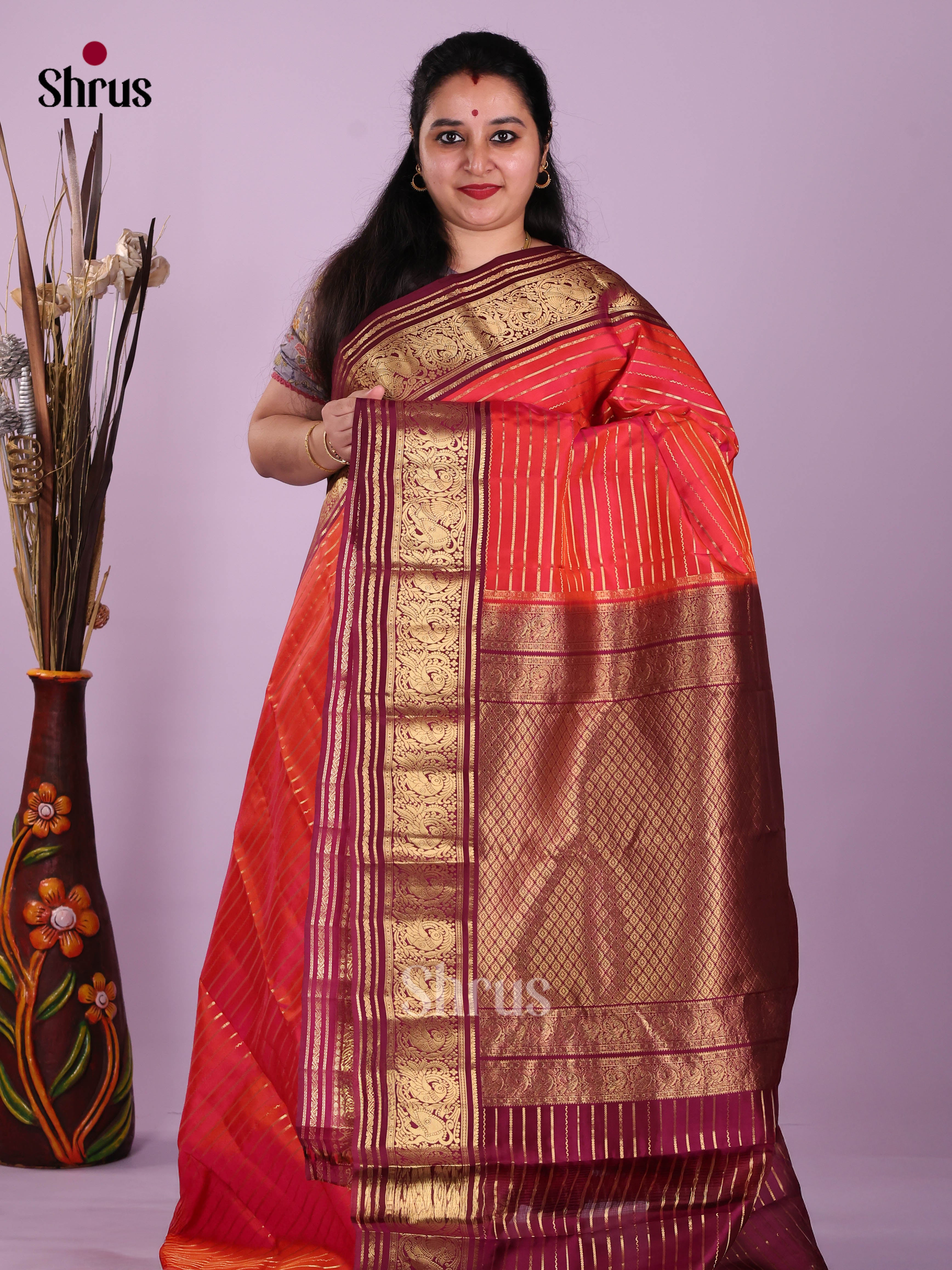 Orangish Pink & Maroon - Kanchipuram-halfpure Saree