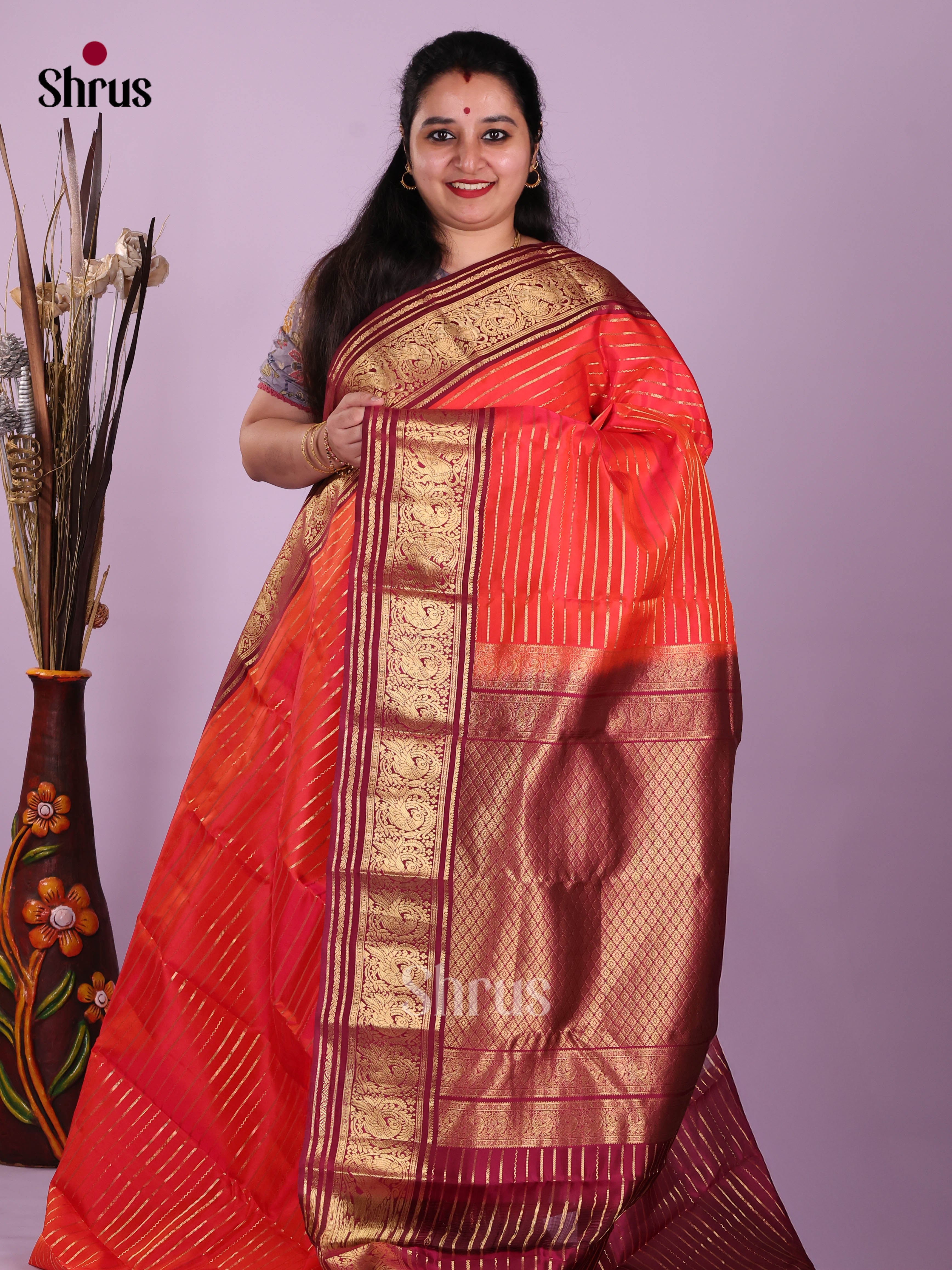 Orange & Maroon- Kanchipuram-halfpure Saree