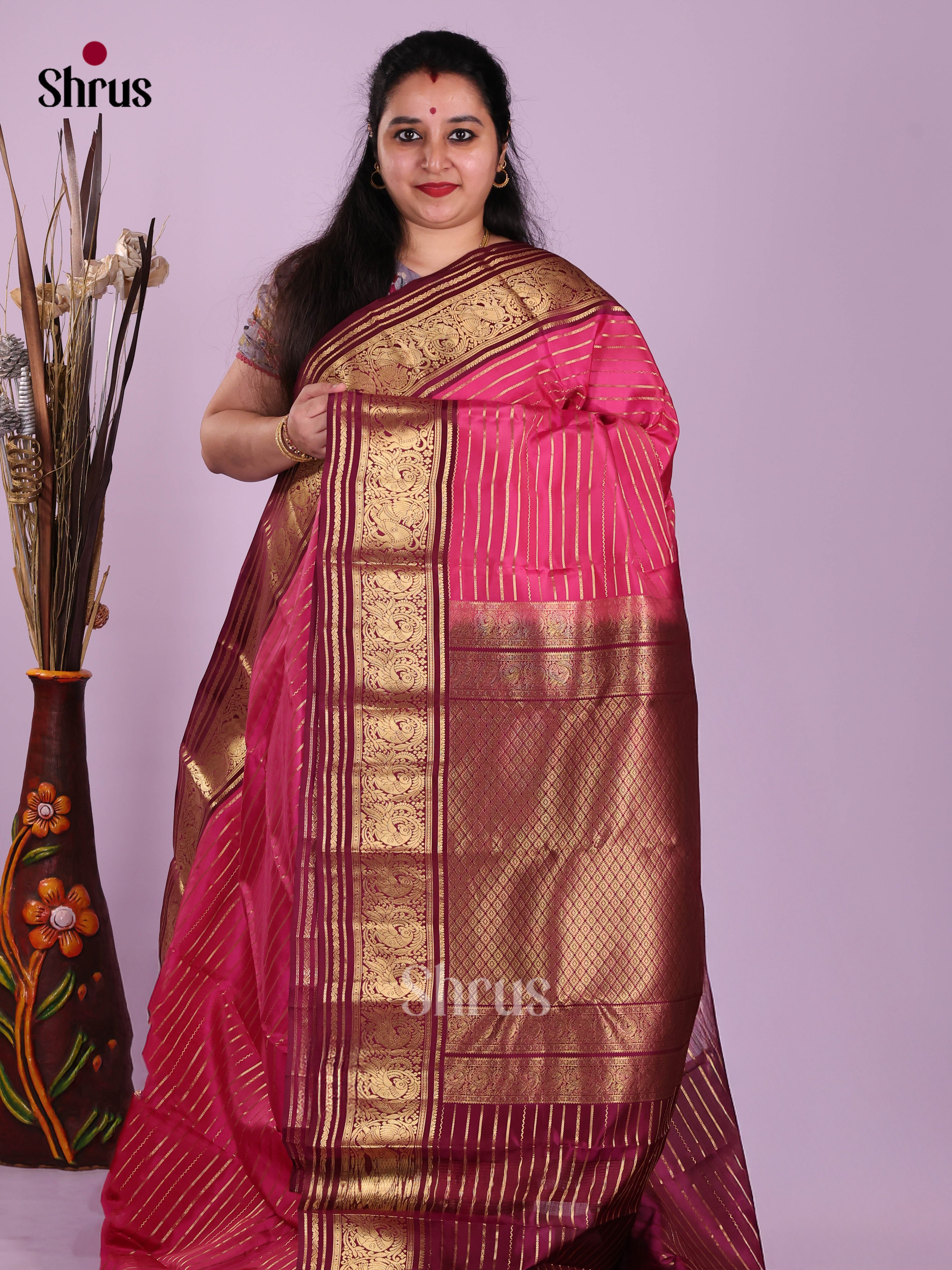 Pink & Maroon - Kanchipuram-halfpure Saree