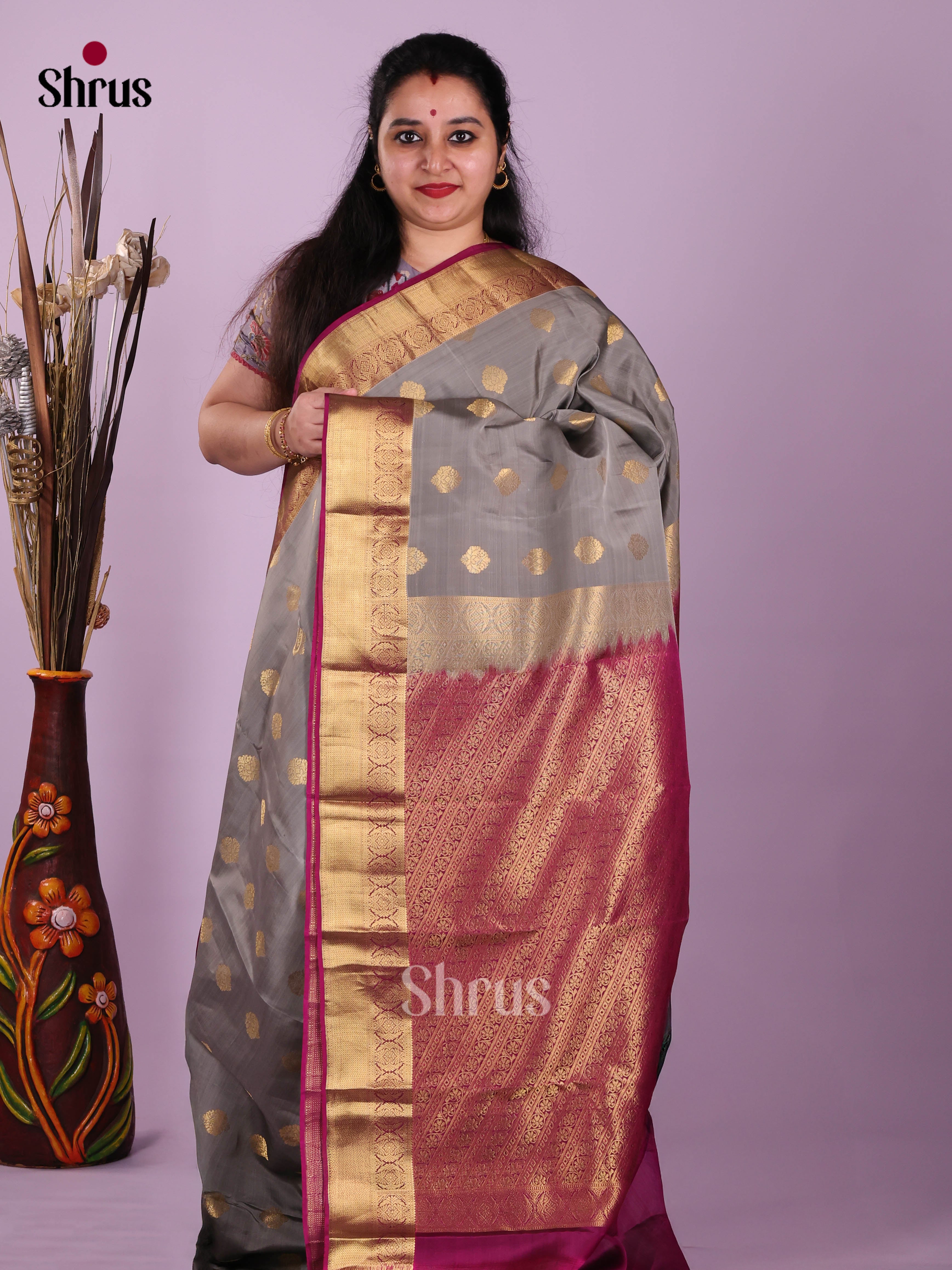 Grey & Purple - Kanchipuram-halfpure Saree