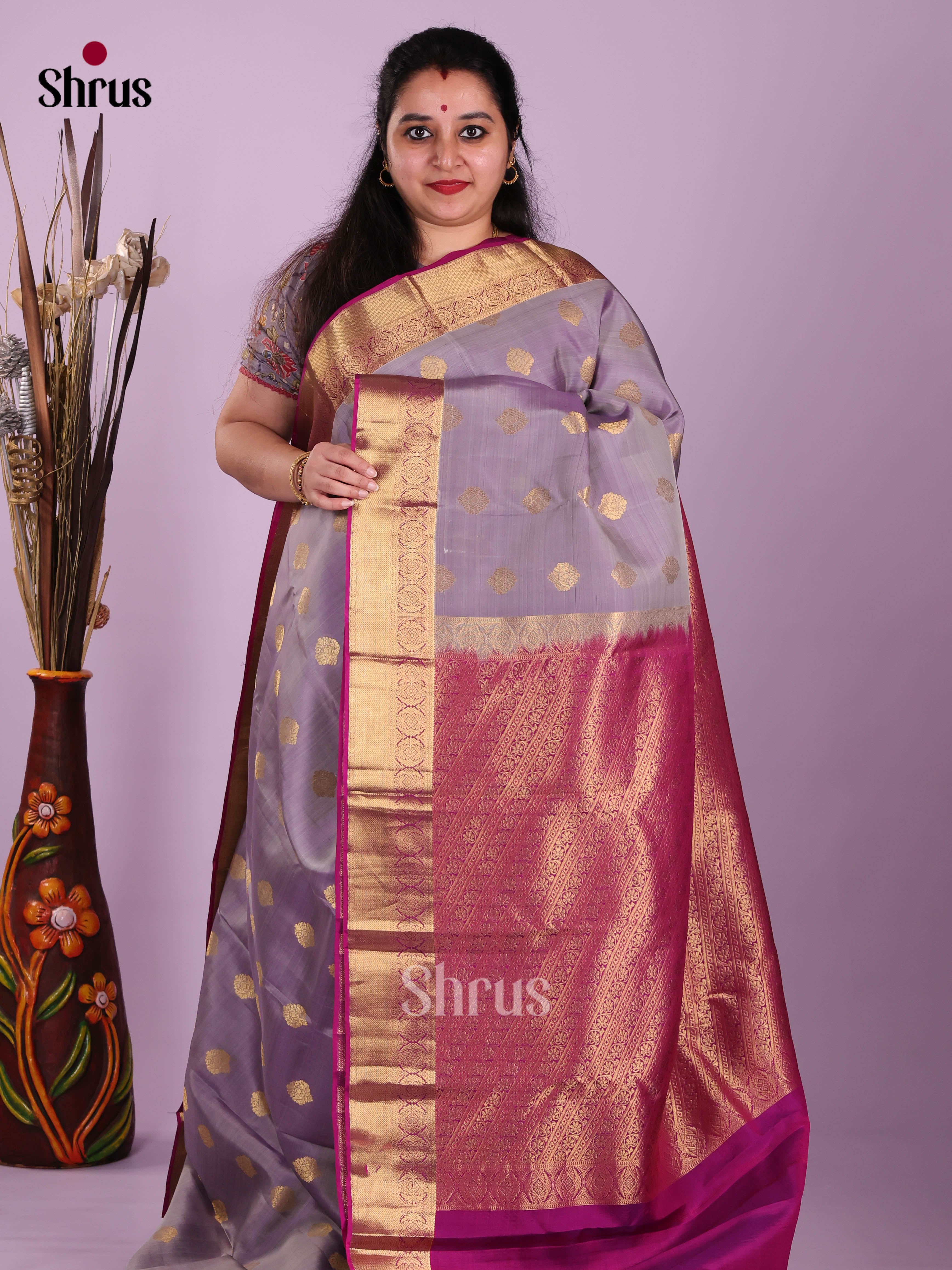 Grey & Purple - Kanchipuram-halfpure Saree