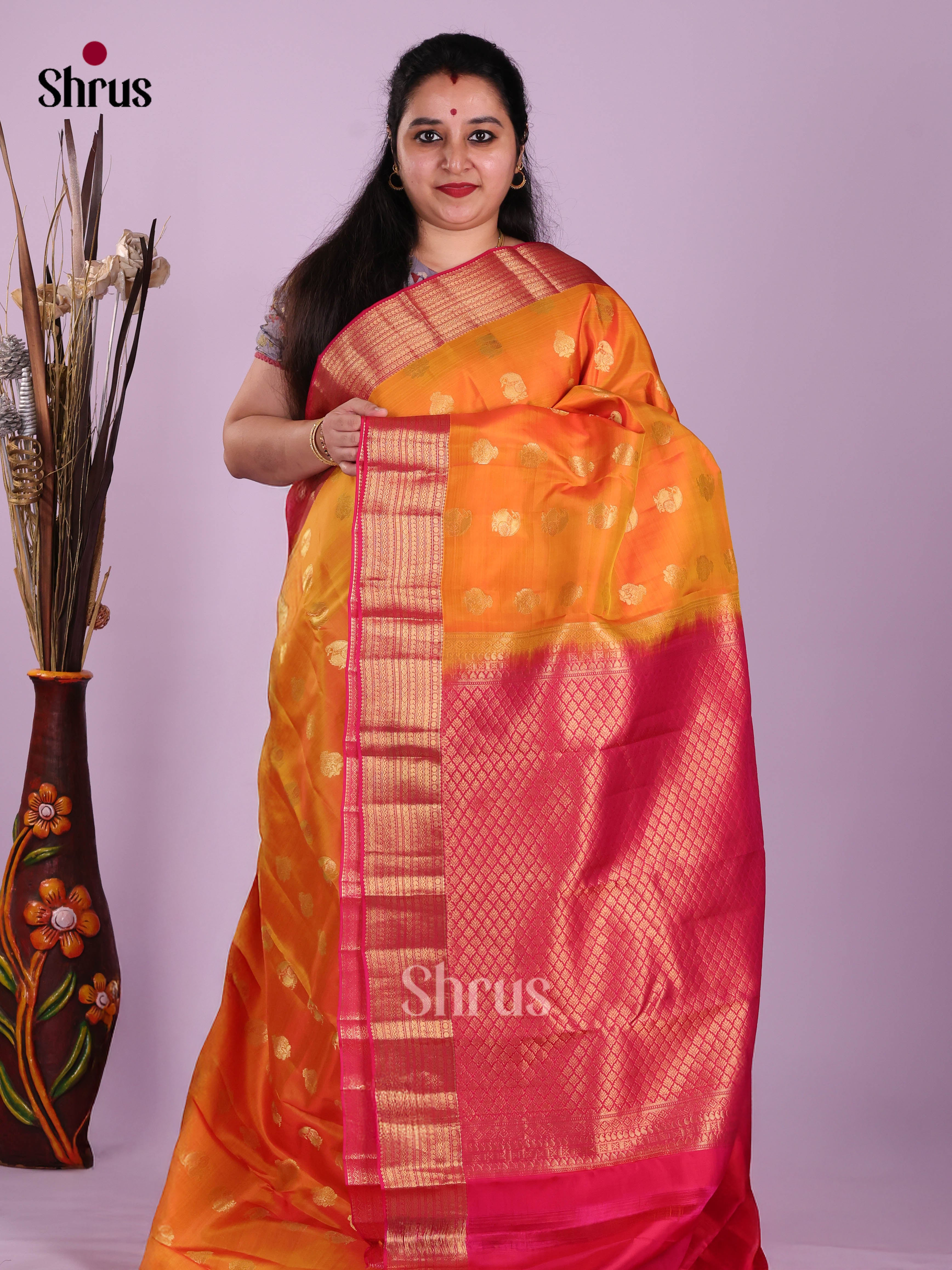 Orange & Pink - Kanchipuram-halfpure Saree