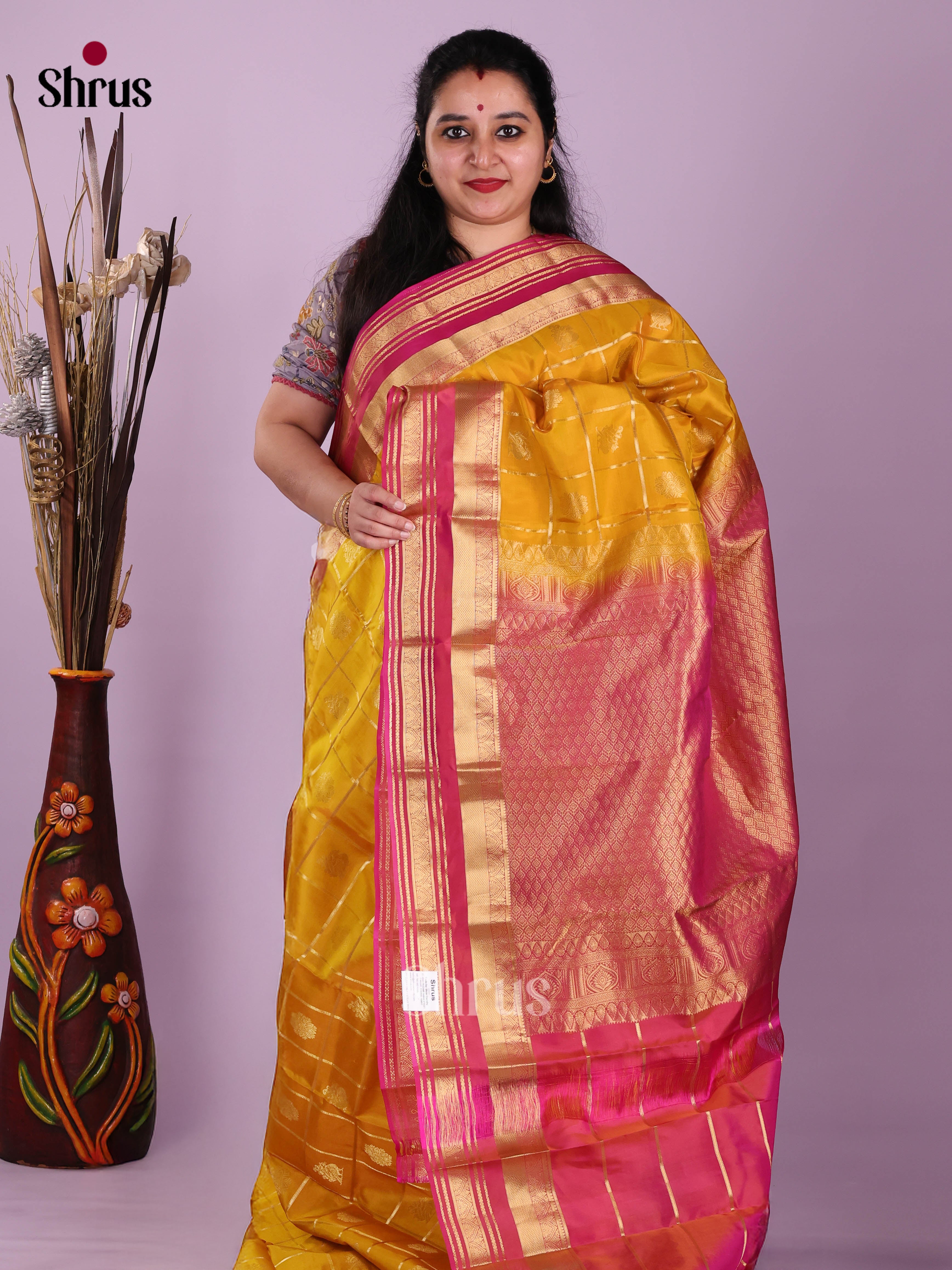Mustard & Maroon - Kanchipuram-halfpure Saree