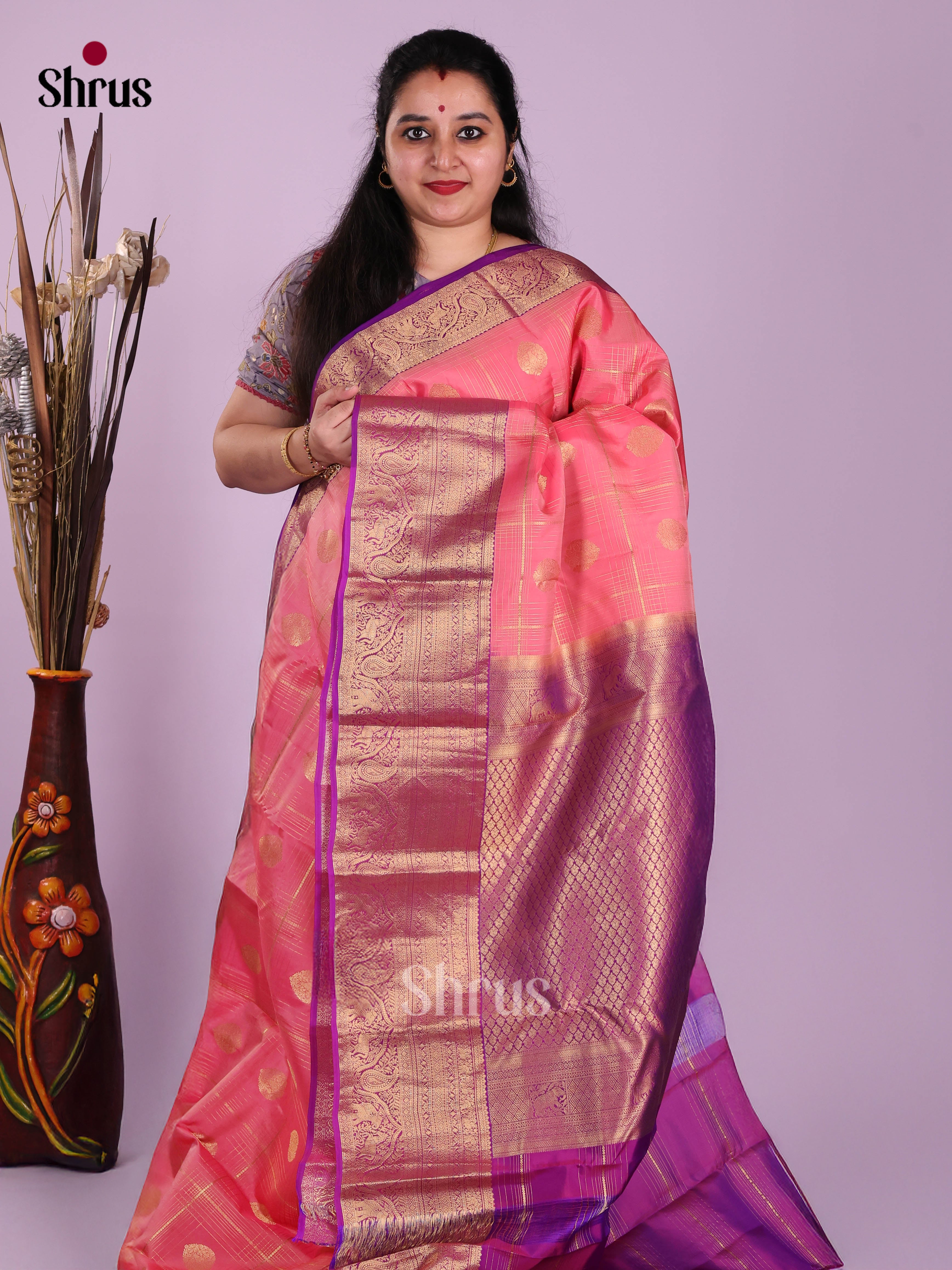 Pink & Purple - Kanchipuram-halfpure Saree