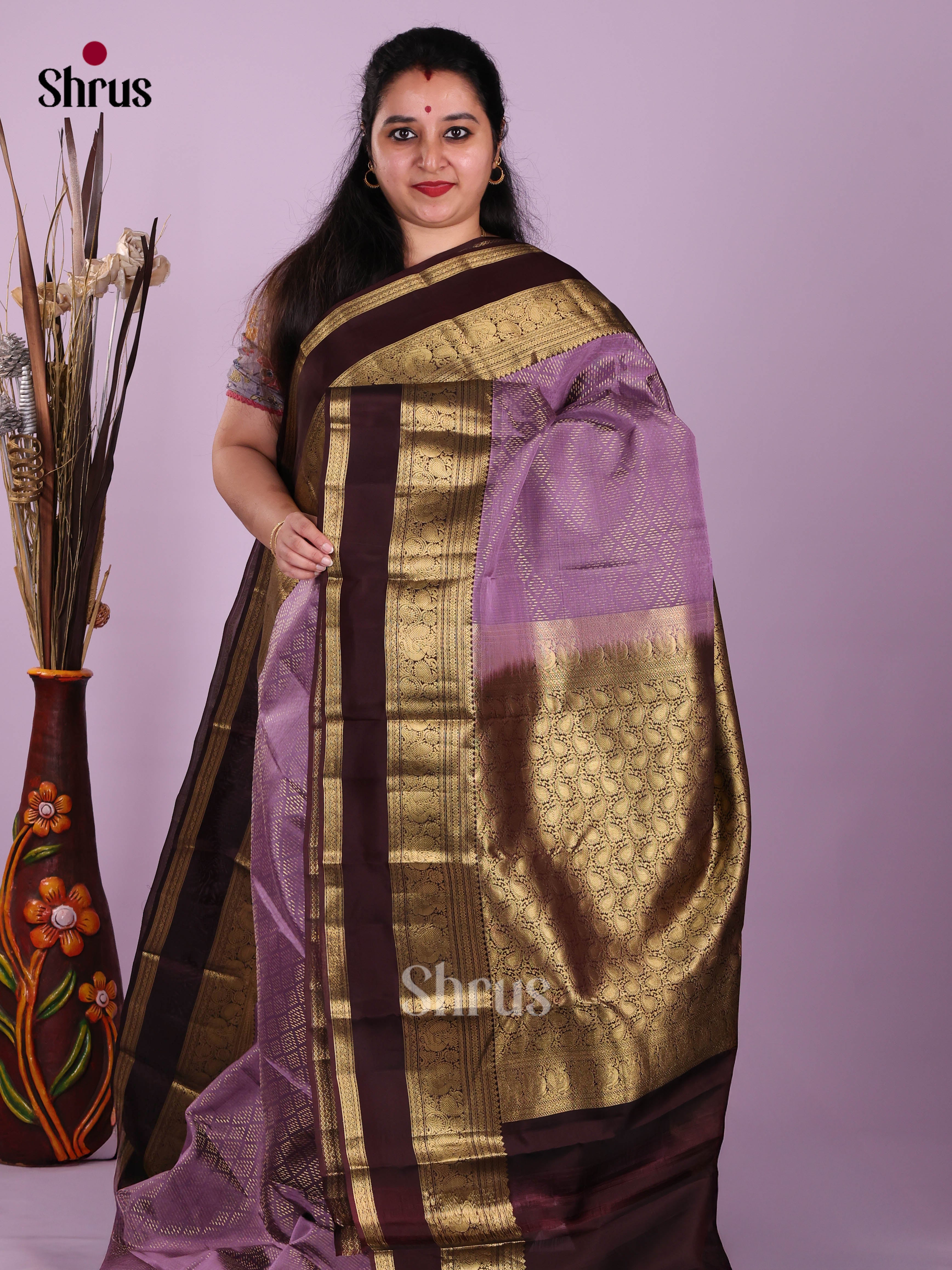 Lavender & Maroon- Kanchipuram-halfpure Saree
