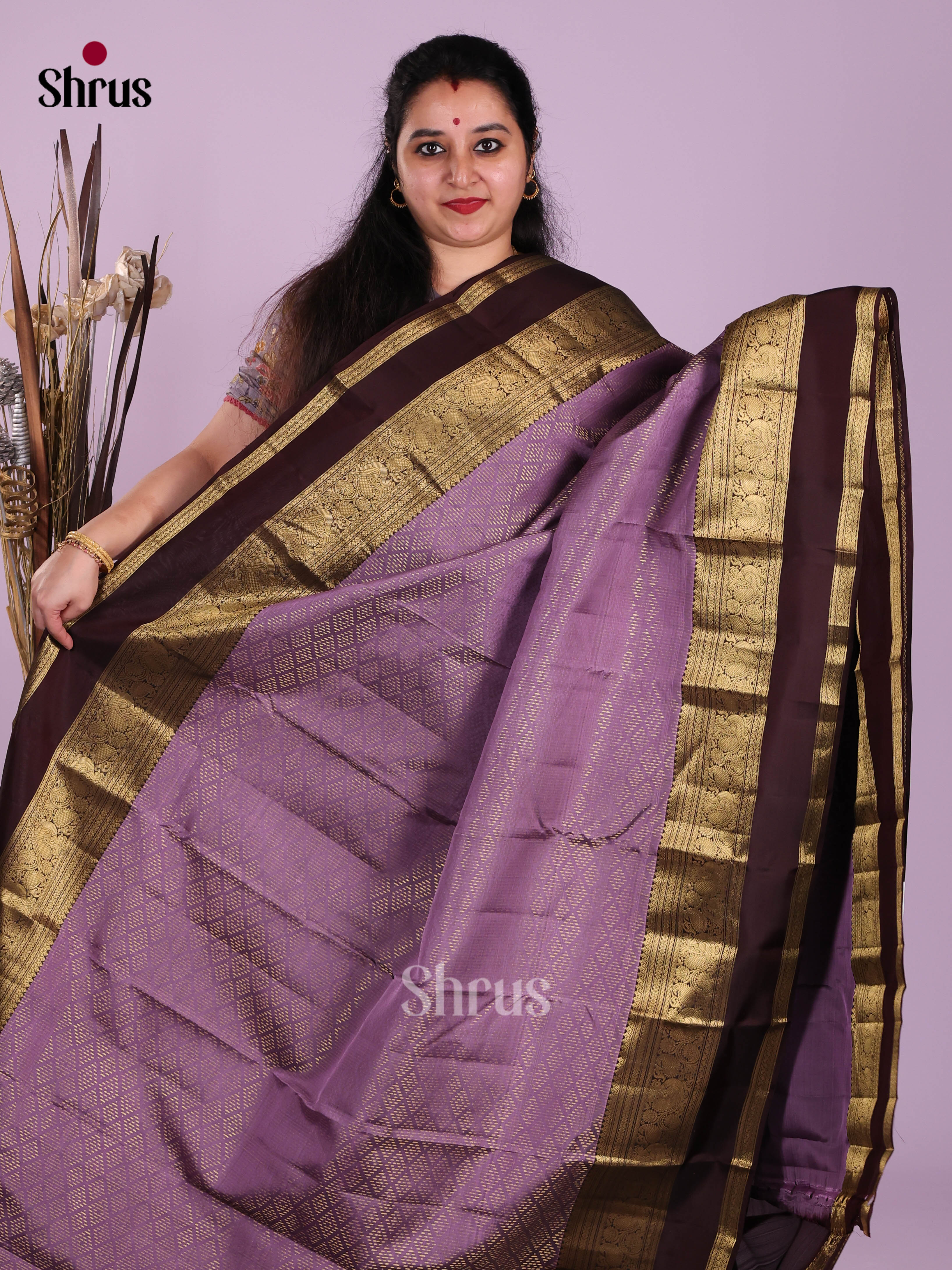 Lavender & Maroon- Kanchipuram-halfpure Saree