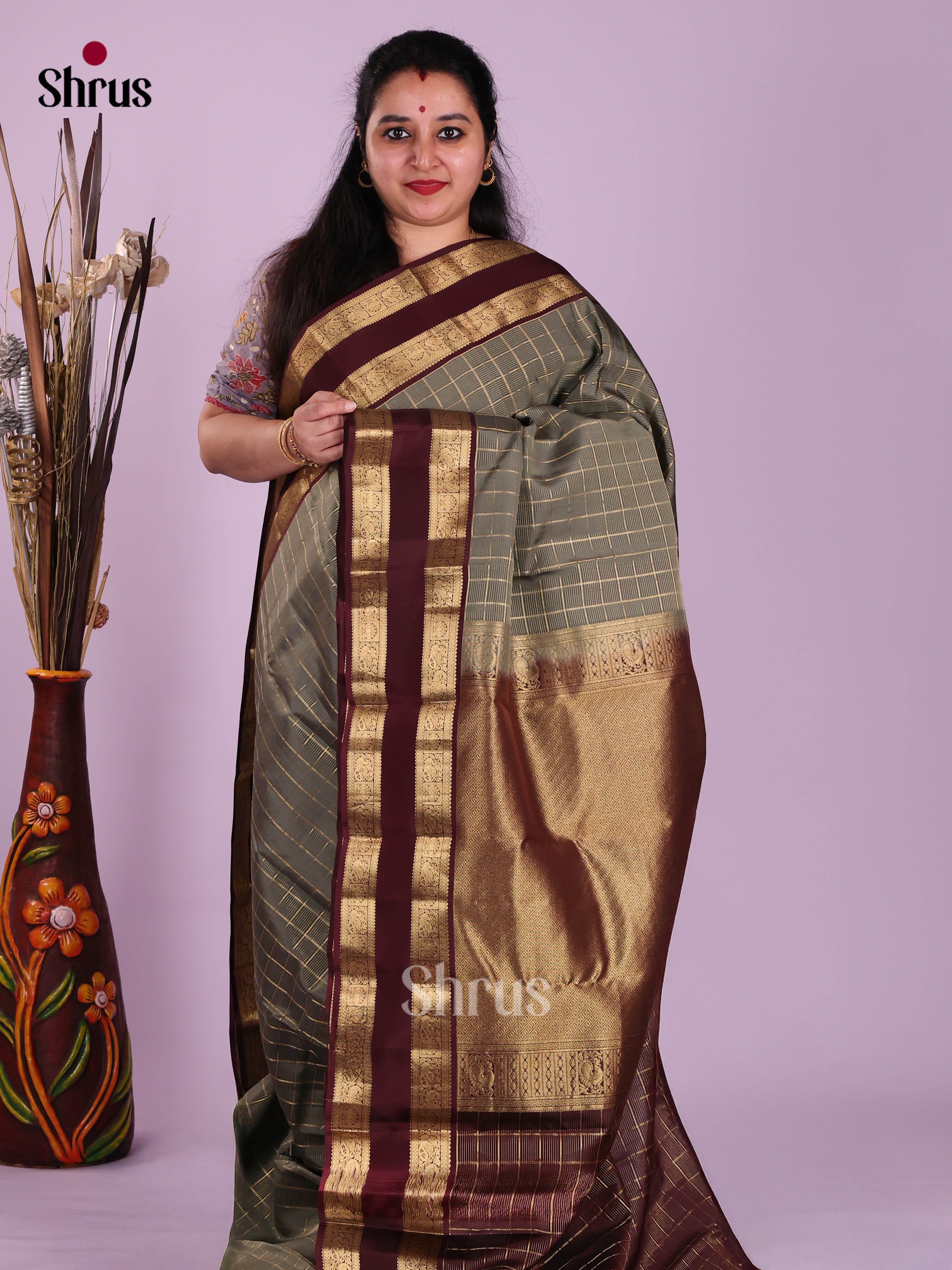Grey & Maroon - Kanchipuram-halfpure Saree