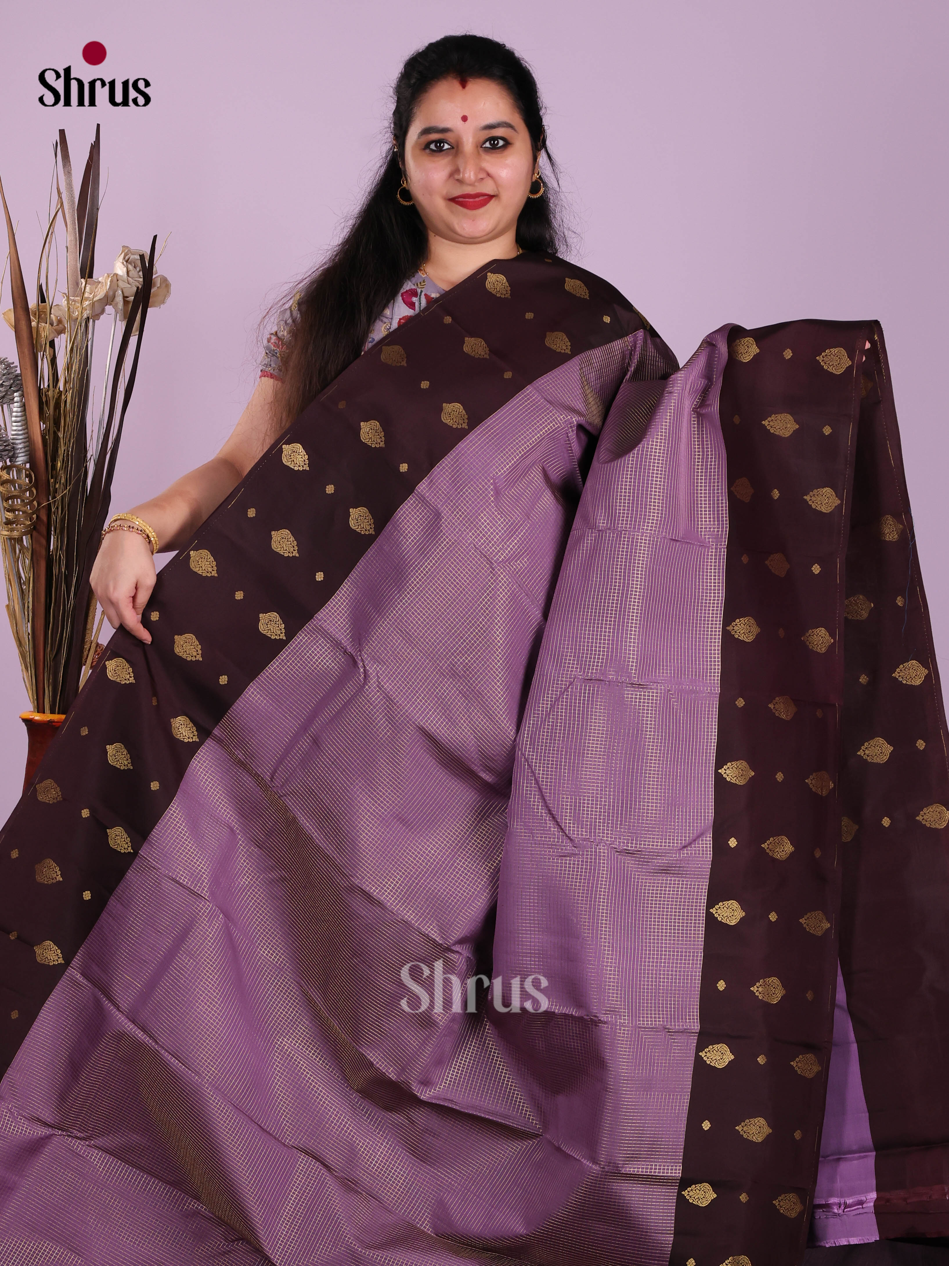 Lavender & Dark Maroon - Kanchipuram-halfpure Saree