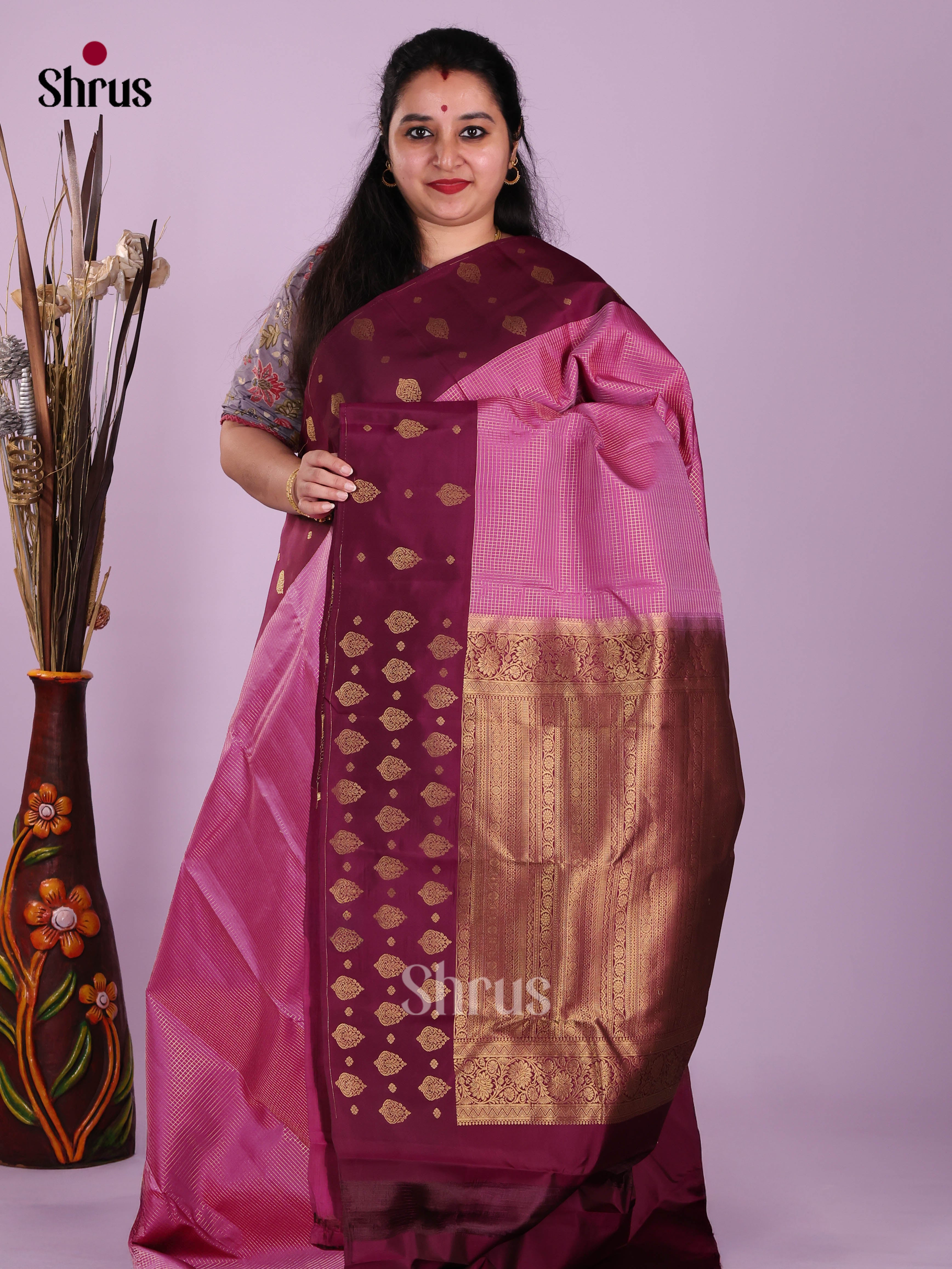 Pink & Maroon- Kanchipuram-halfpure Saree