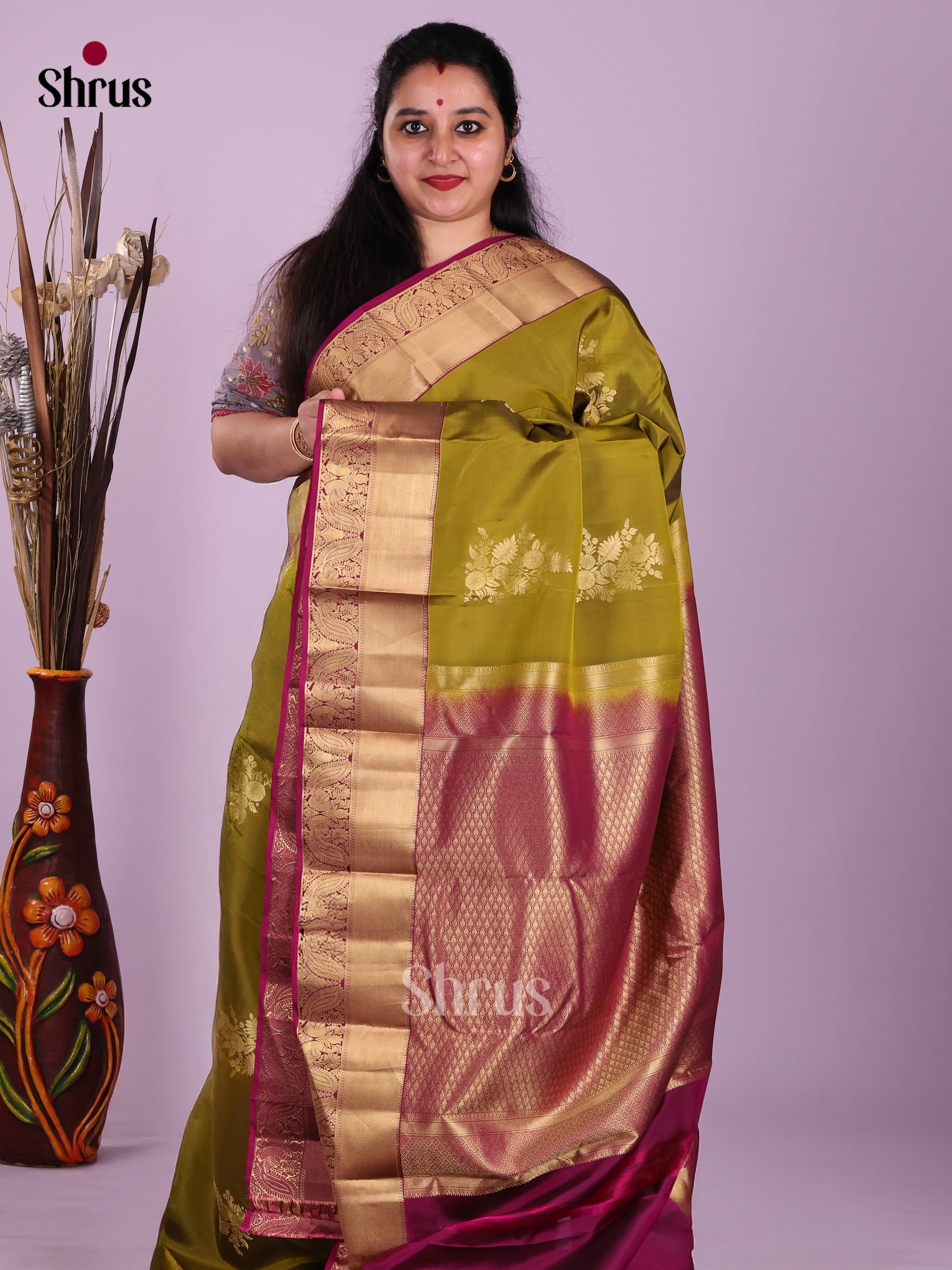 Light Green & Purple - Kanchipuram-halfpure Saree