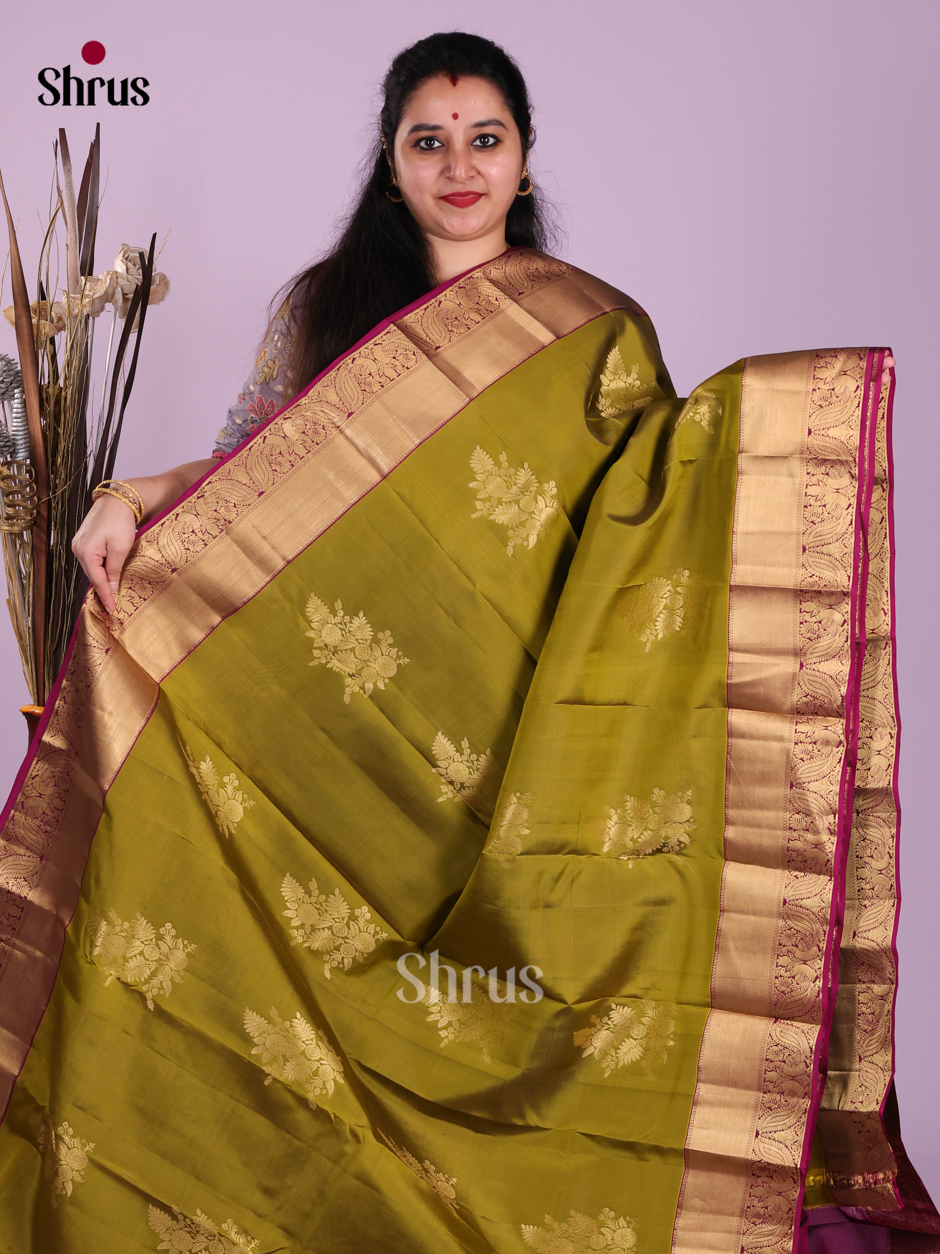 Light Green & Purple - Kanchipuram-halfpure Saree