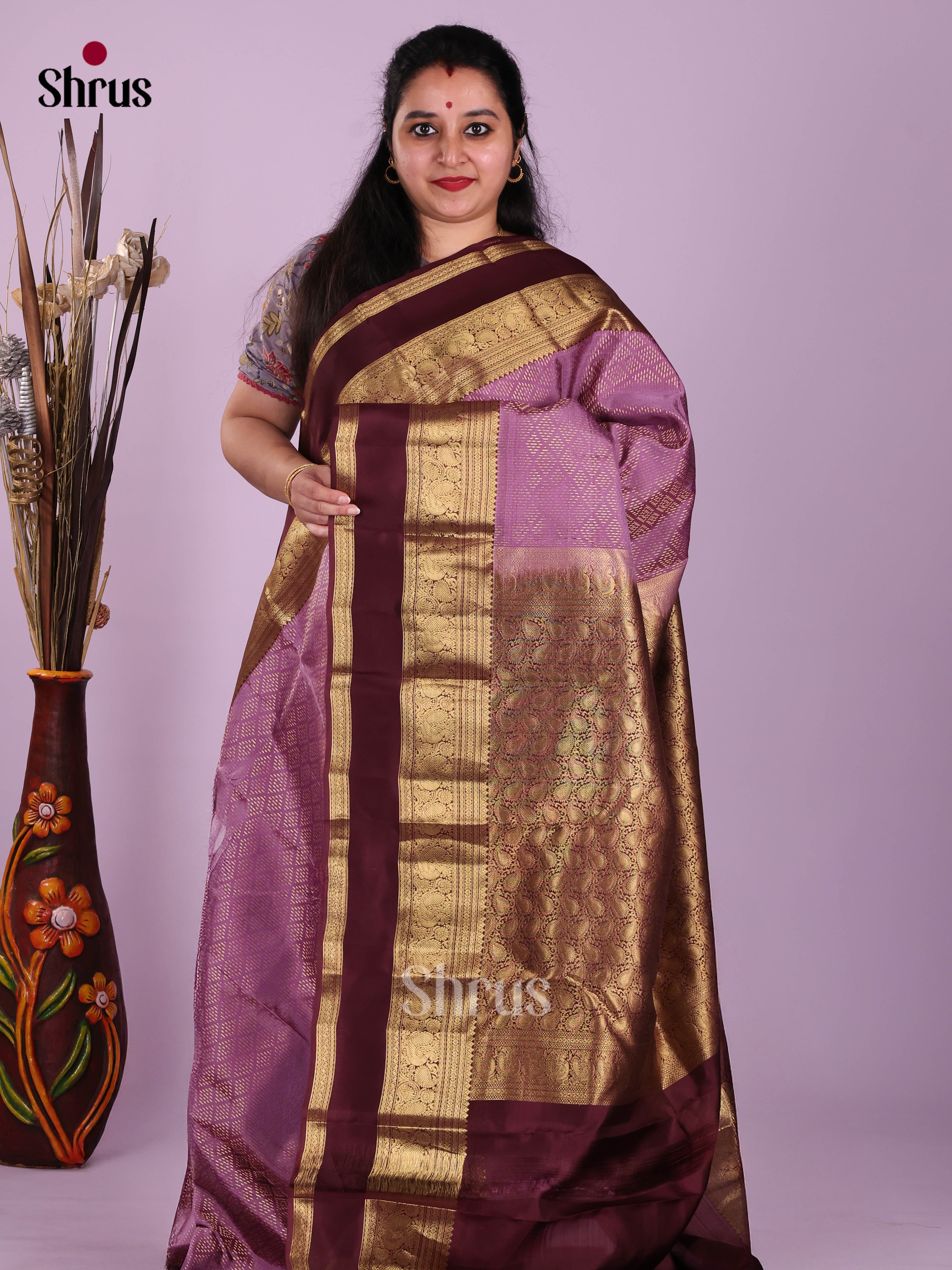 Lavender & Maroon- Kanchipuram-halfpure Saree